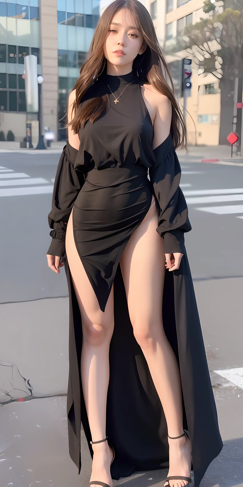 mix4, 20d, solo, long_hair, shirt, dress, high_heels, full_body, look_at_viewer, (8k, RAW photo, best quality, mastery:1.2), (realistic, photo-realistic:1.37), professional lighting, photon mapping, light energy transfer, physically based rendering,