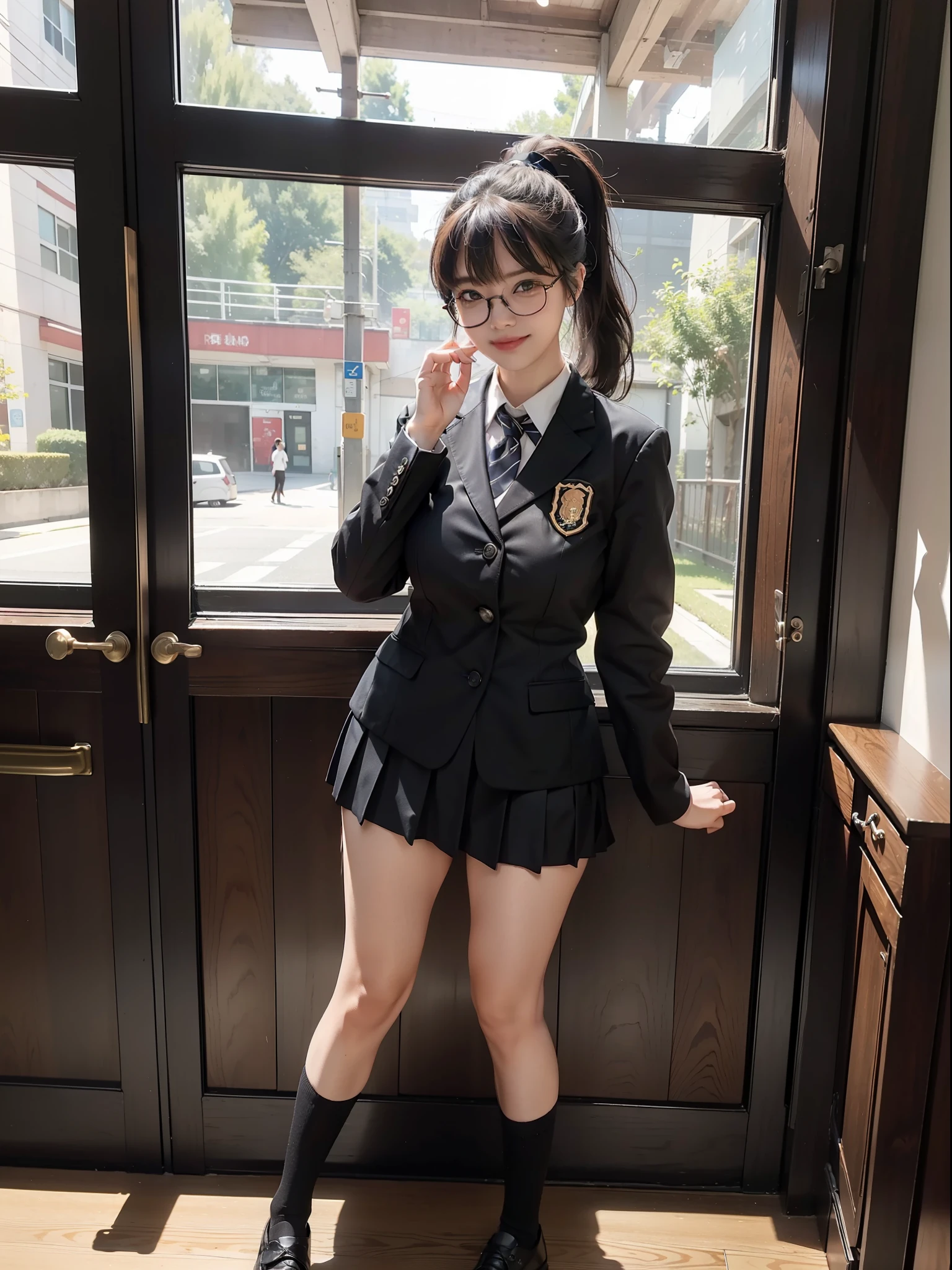 (Female: 1.2), (Big breasts: 1.3), (Qi bangs, ponytail), (Black glasses frame), (Long legs), (Student Uniform), School, Smile, Full Body, Masterpiece, Realism