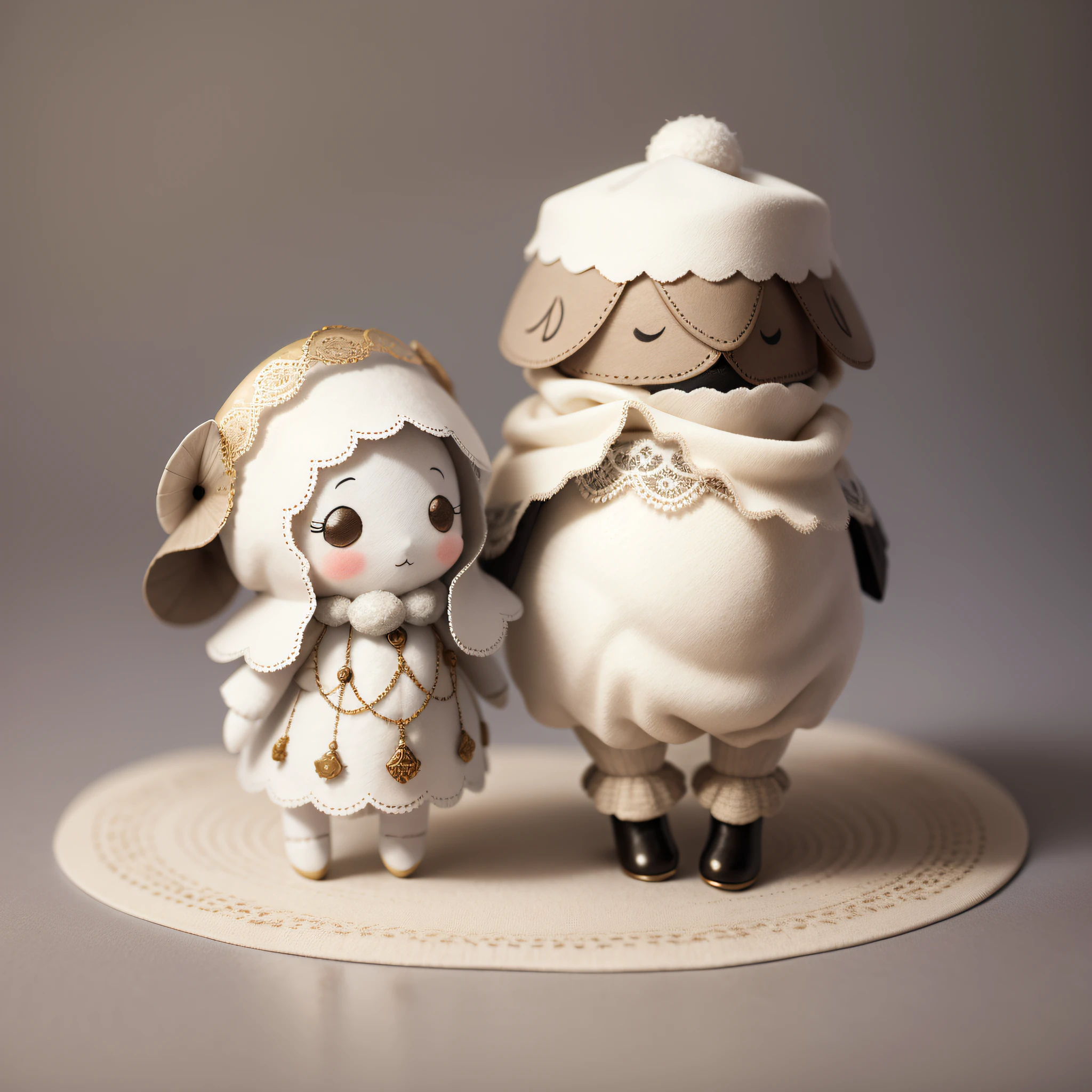 A sheep ear doll and stuffed sheep in a white round hat, Islamic style, super cute 3d rendering, best quality, winning piece, super detail, high detail, reference paper pattern,front view, side view, back view, cute world of wool felt,Jon Klassen, Ghibli Studio,