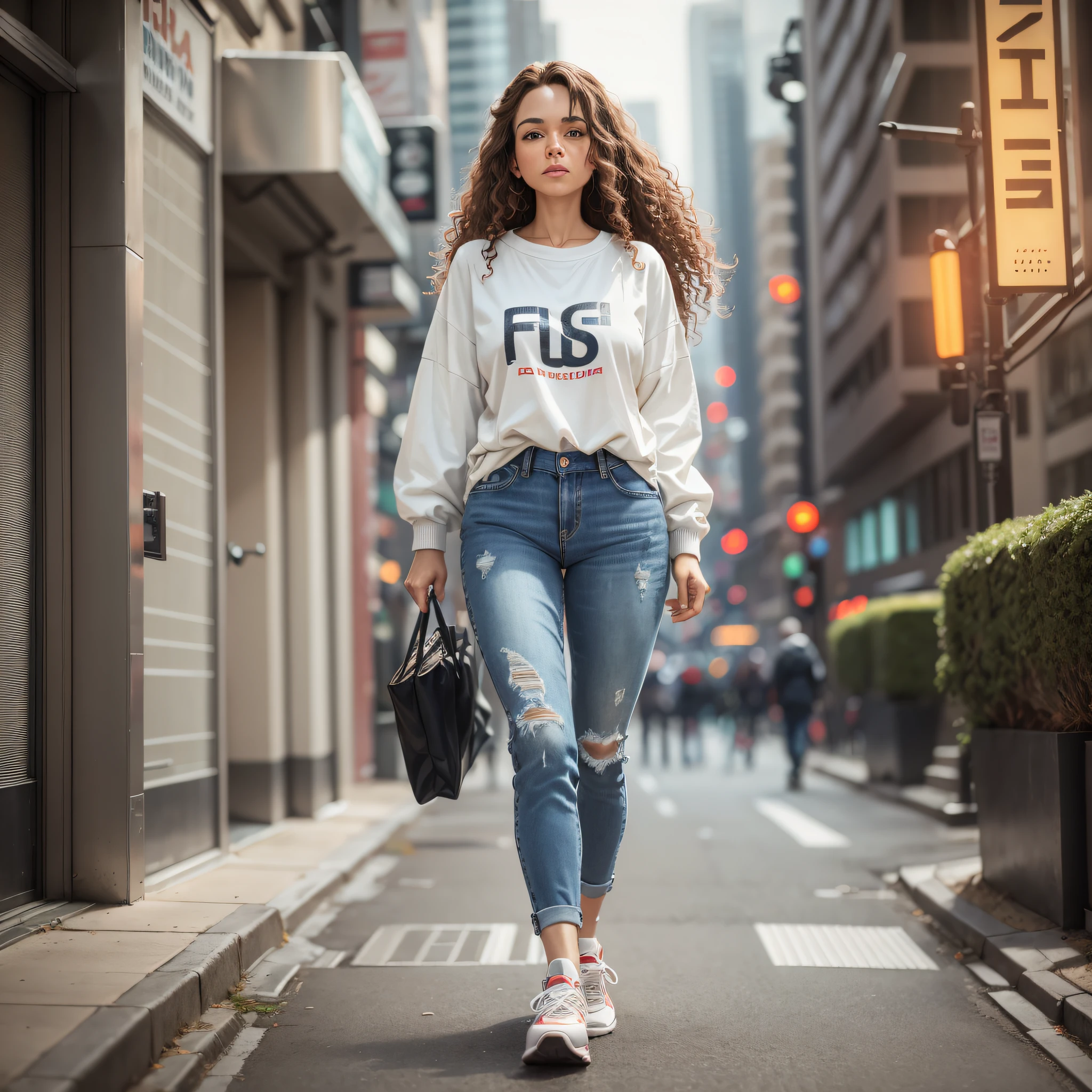 "((Futurism)| (film lighting)), long curly brown hair, middle-aged woman jeans and sneakers clothes, walking down a futuristic street, dimly lit with some haze, at f/1.8, ultra detailed 16k."