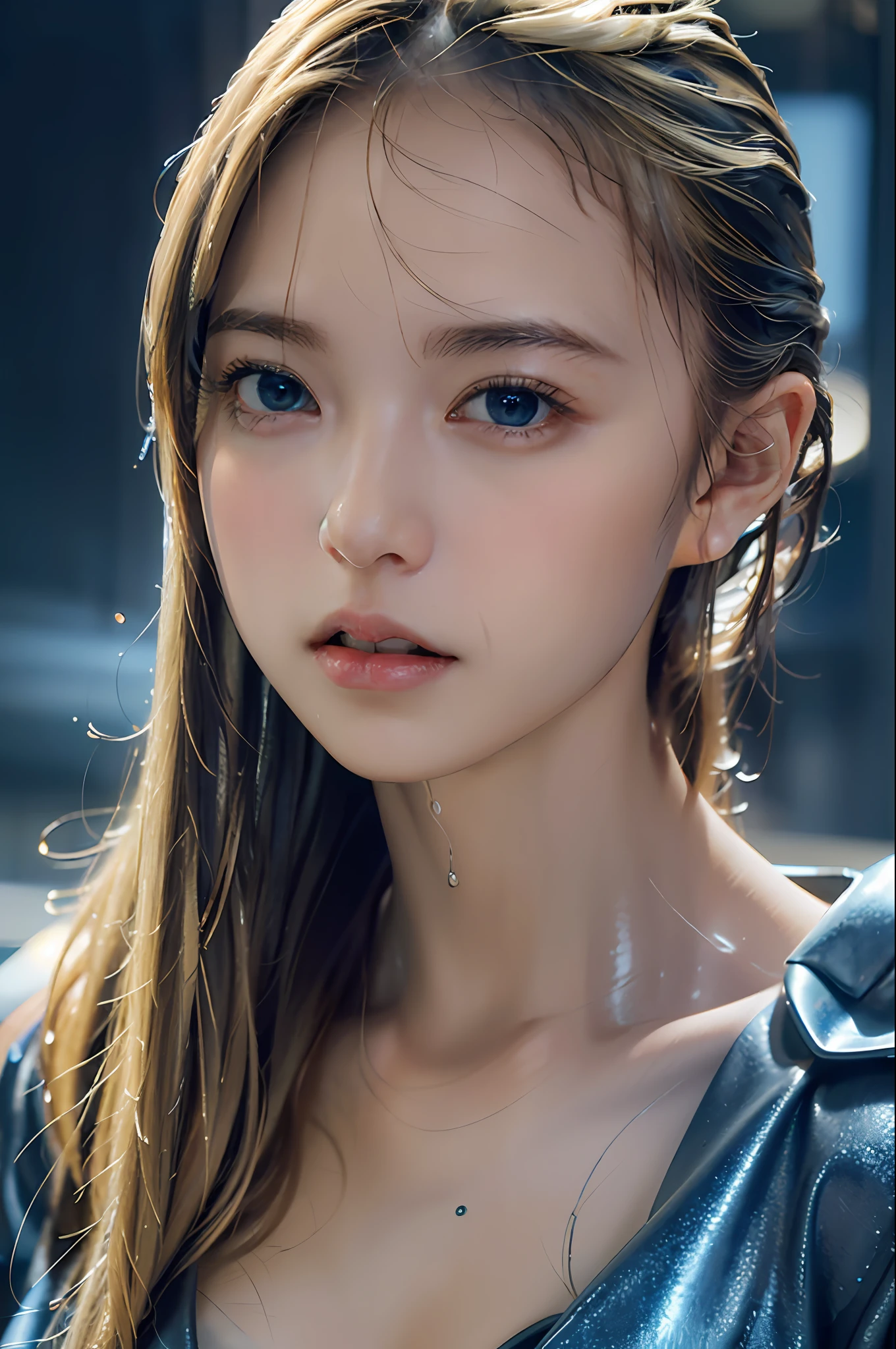 Top Quality, Masterpiece, Ultra High Resolution, (Photorealistic: 1.4), Raw Photo, 1 Girl, Blonde, Glossy Skin, WET BODY, Moist Blue Eyes, Wet Ajar Lips, Dramatic Lighting, Full Body,, Cyberpunk Metallic Suit, Big, Adorable Pose, Bright Studio