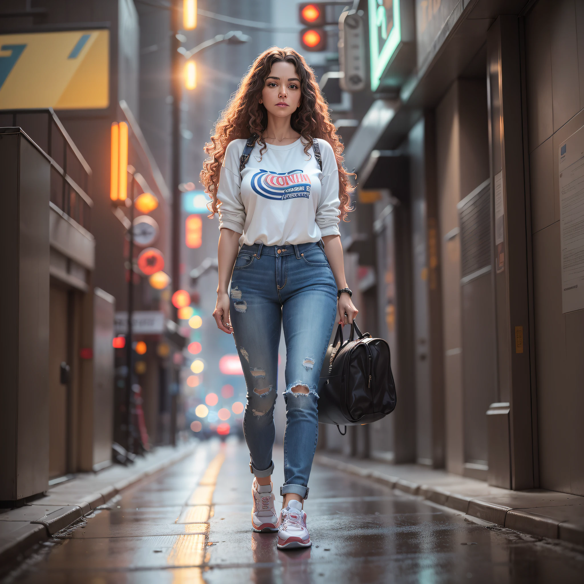"((Futurism)| (cinematic lighting)), long curly brown hair, 50-year-old woman jeans and sneakers, walking down a futuristic, dimly lit street with some haze, at f/1.8, ultra detailed 16k."