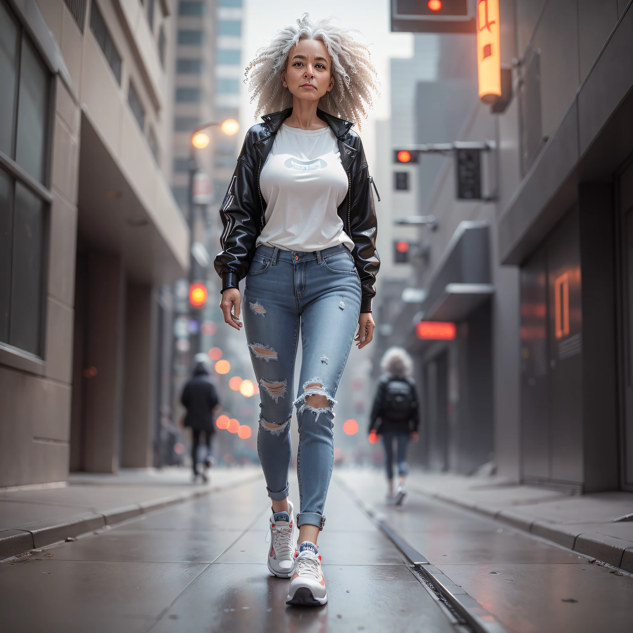 "((Futurism)| (cinematic lighting)), long curly gray hair, 60-year-old woman jeans and sneakers, walking down a futuristic street, dimly lit with some haze, at f/1.8, ultra detailed 16k."