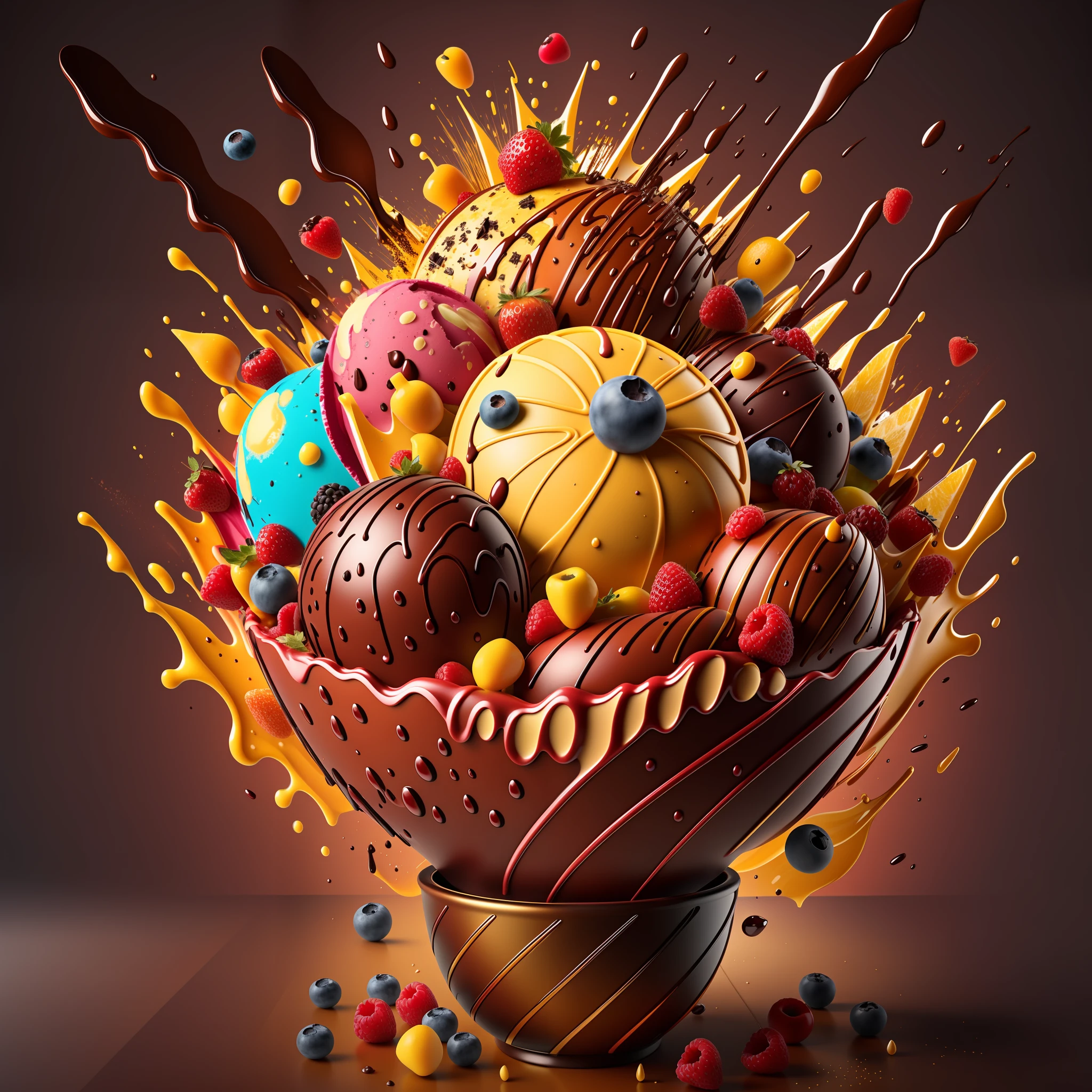 (explosion:0.6) of fruits and dark chocolate ice-cream, high detail, very realistic, bright environment, fruit explosion