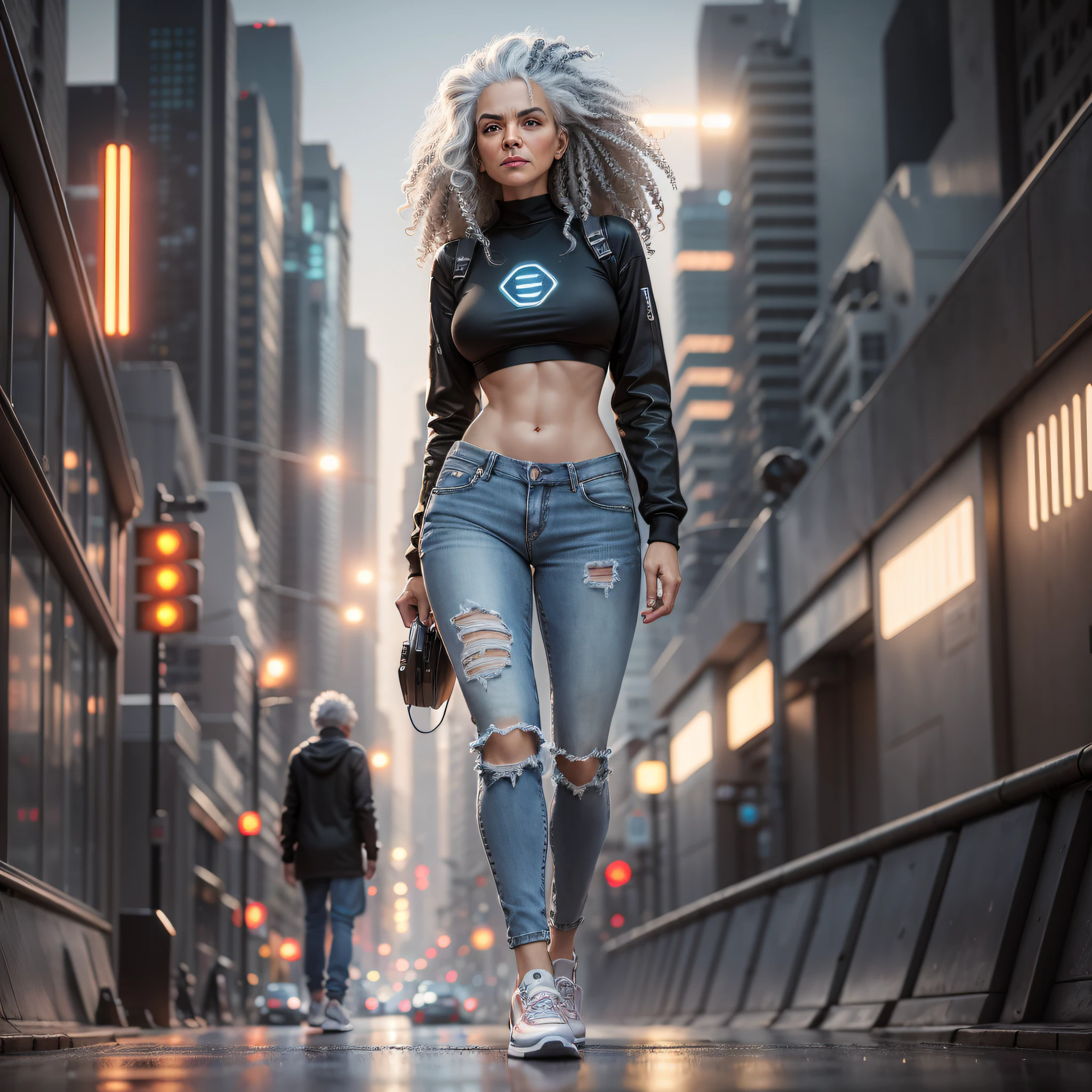 "((Futurism)| (cinematic lighting)), long curly gray hair, 60-year-old woman jeans and sneakers, walking down a futuristic street, dimly lit with some haze, at f/1.8, ultra detailed 16k."