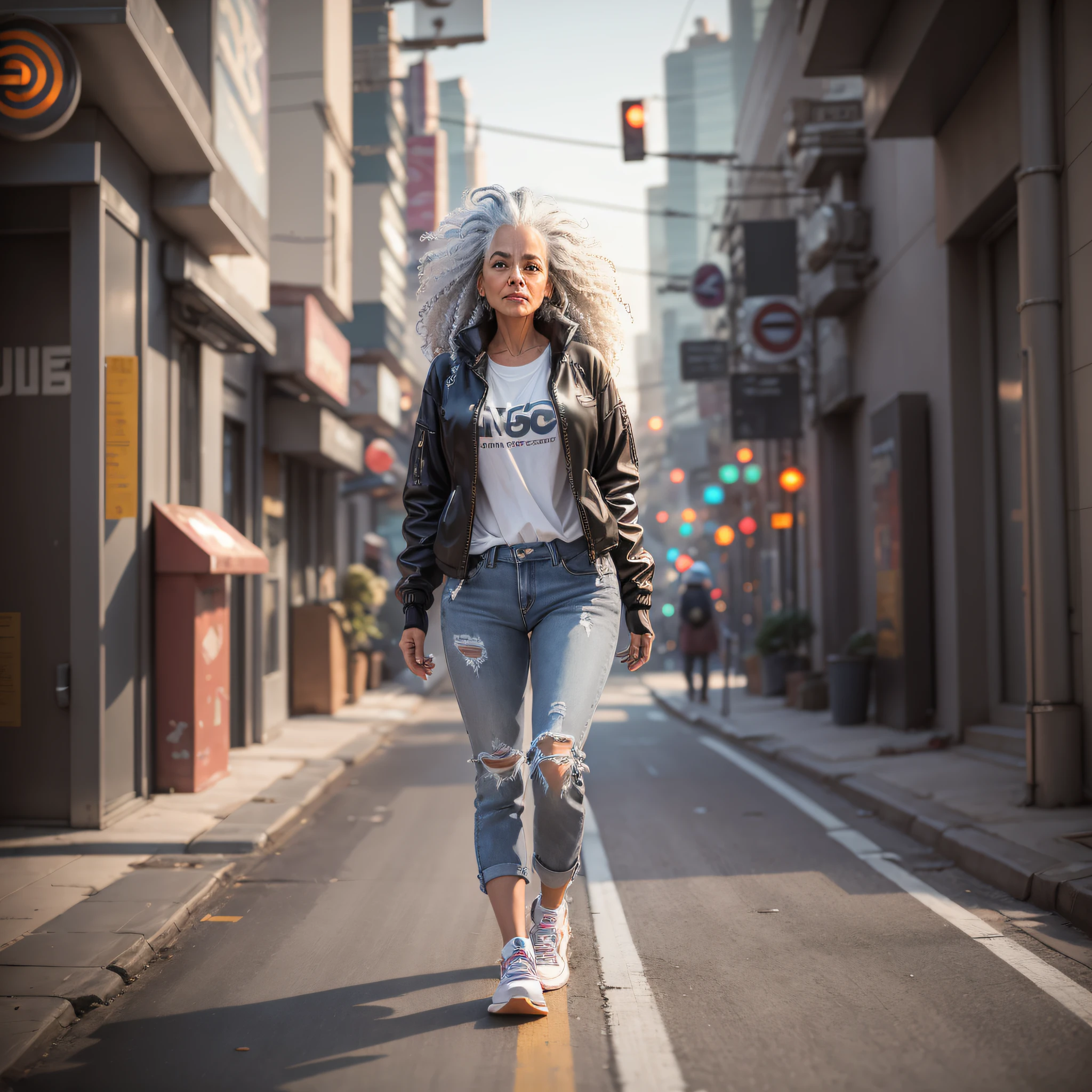 "((Futurism)| (cinematic lighting)), long curly gray hair, 60-year-old woman jeans and sneakers, hippie, walking down a futuristic street, dimly lit with some haze, at f/1.8, ultra detailed 16k."
Waiting to get started