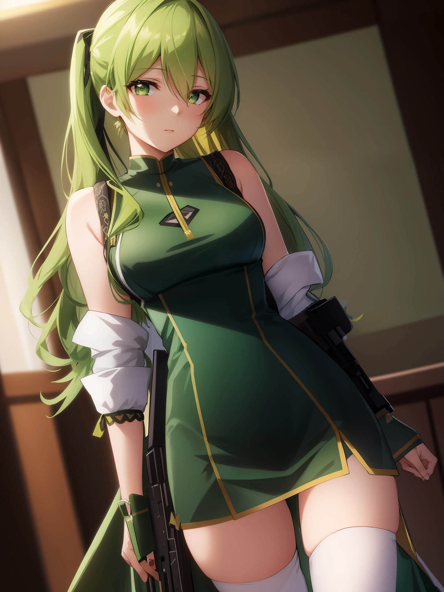 anime - style image of a woman in a green dress with a gun, fine details. girls frontline, trending on artstation pixiv, smooth anime cg art, android heroine, photorealistic anime girl render, kantai collection style, pixiv 3dcg, cute anime waifu in a nice dress, rogue anime girl, from girls frontline, marin kitagawa fanart
