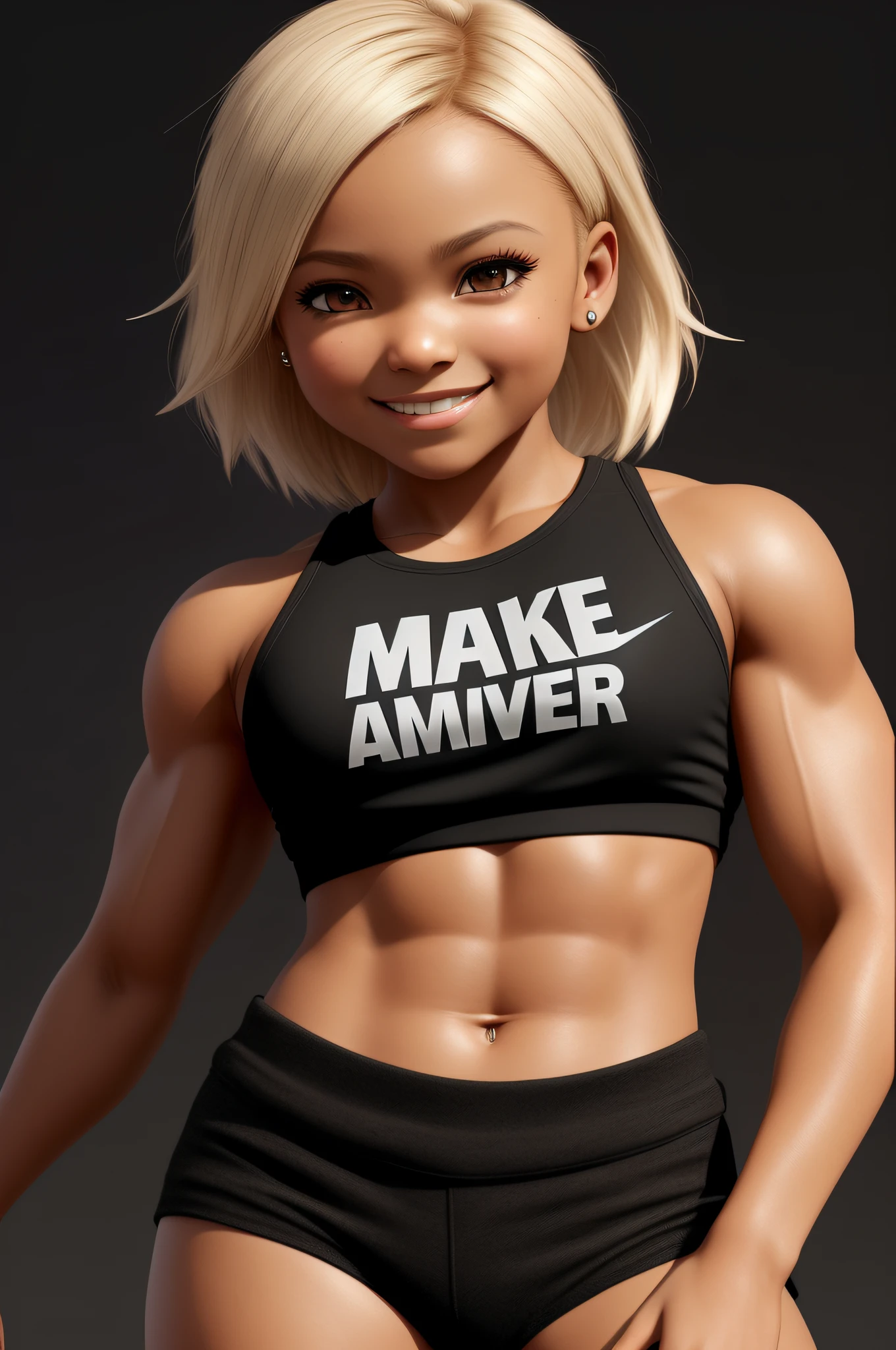 realistic portrait of a blonde, ultra muscular 4 year old child ((dark brown skin color)), (((chibi)), ((heavy style)), cute smile, ((big muscles)), wearing tank top, black pants and black nike sneakers, current fashion, military style haircut, dark lighting background, close-up, product vision, detailed facial details, perfect face, sharpness, trending art, Sharp facial details, cgsociety, ultra digital art quality, Hyper exquisite details, 4K, 8K soft lighting, --ISO 100 dreamer, fashion -
