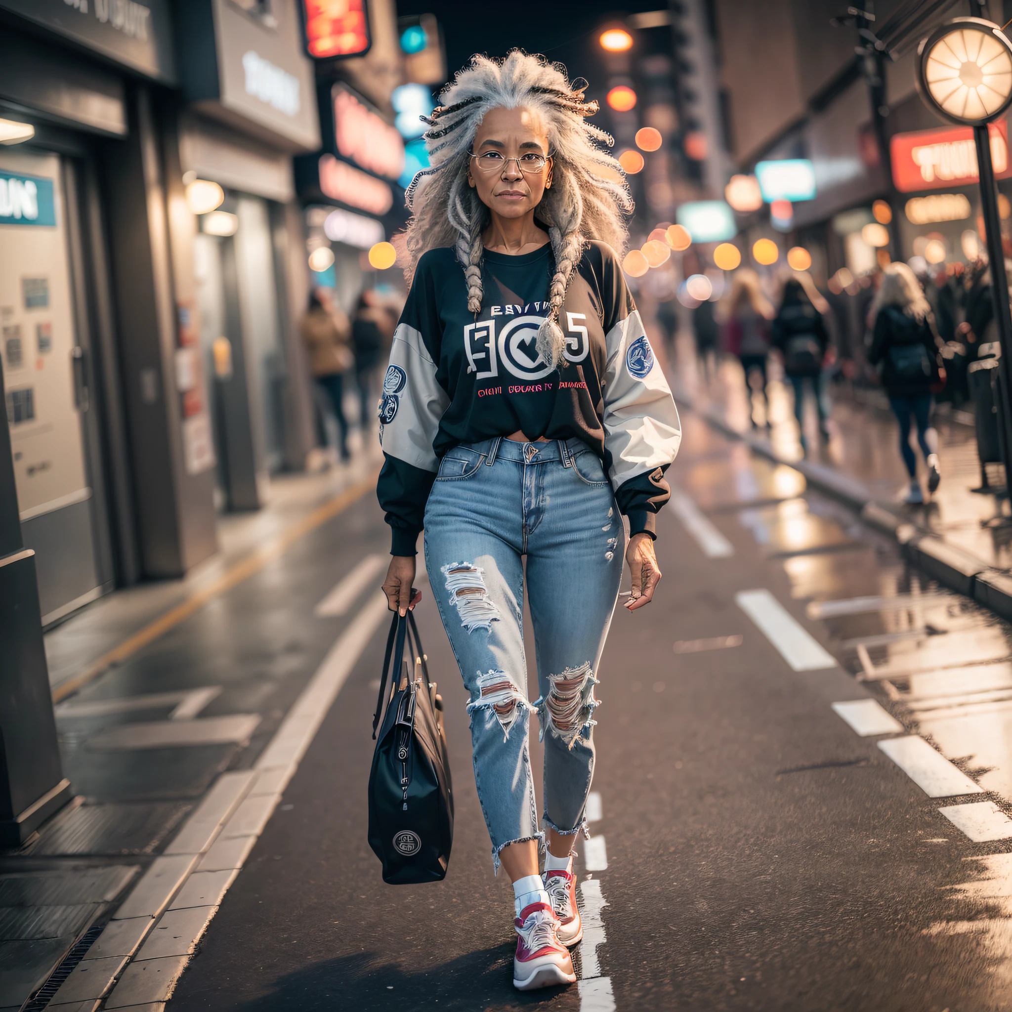 "((Futurism)| (film lighting)), long curly gray hair, 60-year-old women's jeans and sneakers, ((hippy)), walking down a futuristic, dimly lit street with some haze, at f/1.8, ultra detailed 16k."
Waiting to get started