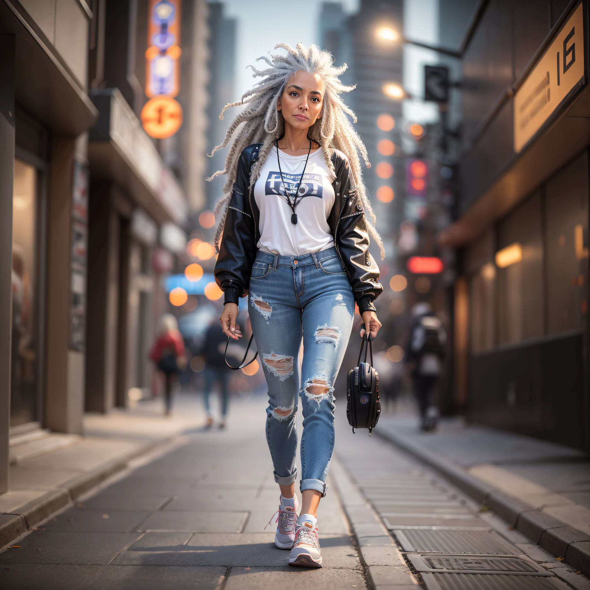 "((Futurism)| (film lighting)), long curly gray hair, 60-year-old women's jeans and sneakers, ((hippy)), walking down a futuristic, dimly lit street with some haze, at f/1.8, ultra detailed 16k."
Waiting to get started