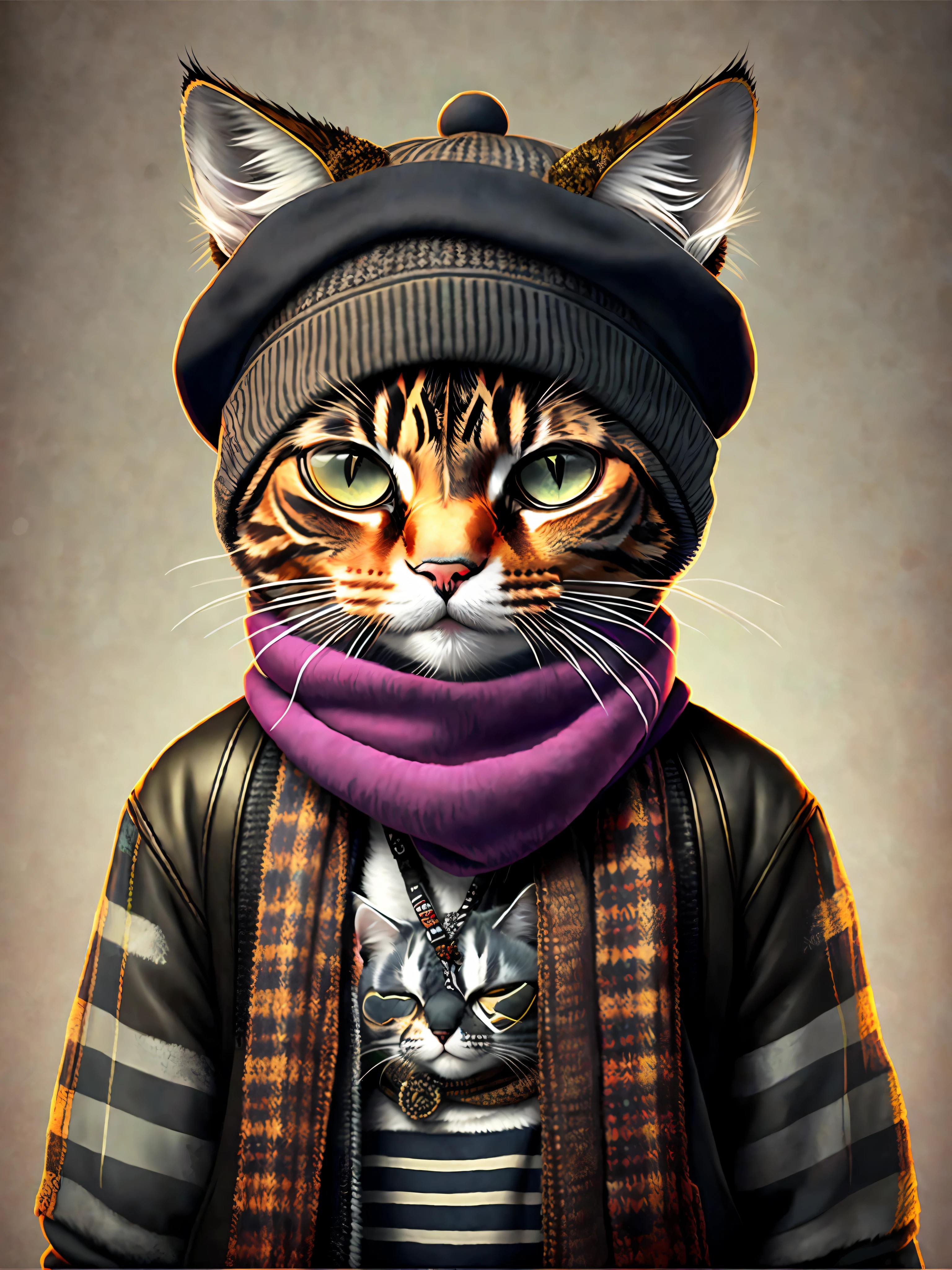 image of a cat in a hat and scarf, art station trend, dressed in punk clothes, hyper realistic detailed rendering, British gang member, urban style, intimidating pose, planet of cats, fashion clothes, urban samurai, meow, West Slavic traits, 8 1 5