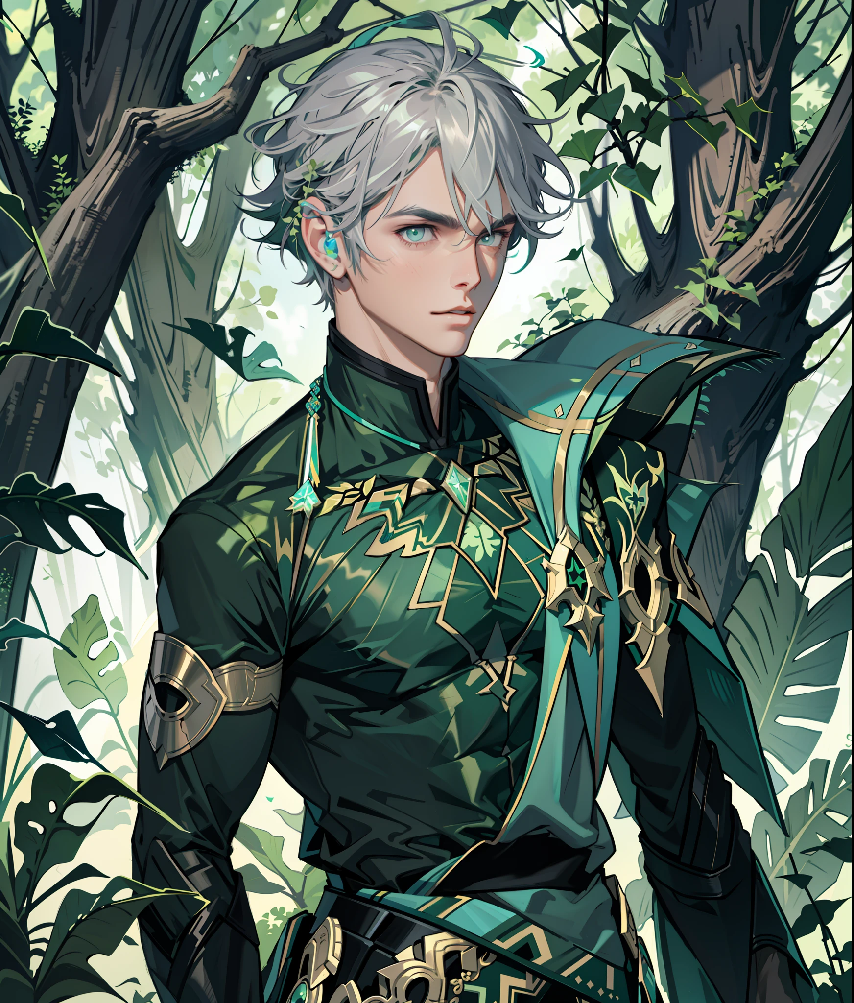 best quality, masterpiece, highres, 1boy,male,solo, mature male, grey hair, teal eyes, green fractal swirls around him, green fractal background, trees, leaf, nature magic