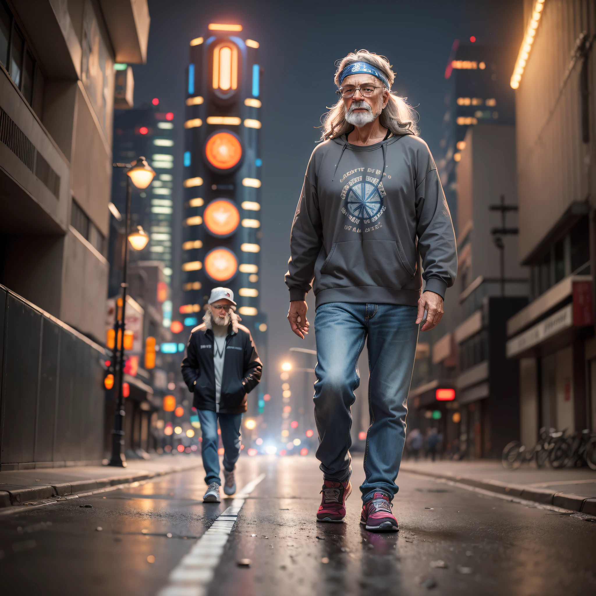 "((Futurism)| (cinematic lighting)), gray hair cap and glasses, jeans and sneakers 60-year-old man, ((hippy)), walking down a futuristic, dimly lit street with some haze, at f/1.8, ultra detailed 16k". Waiting to get started