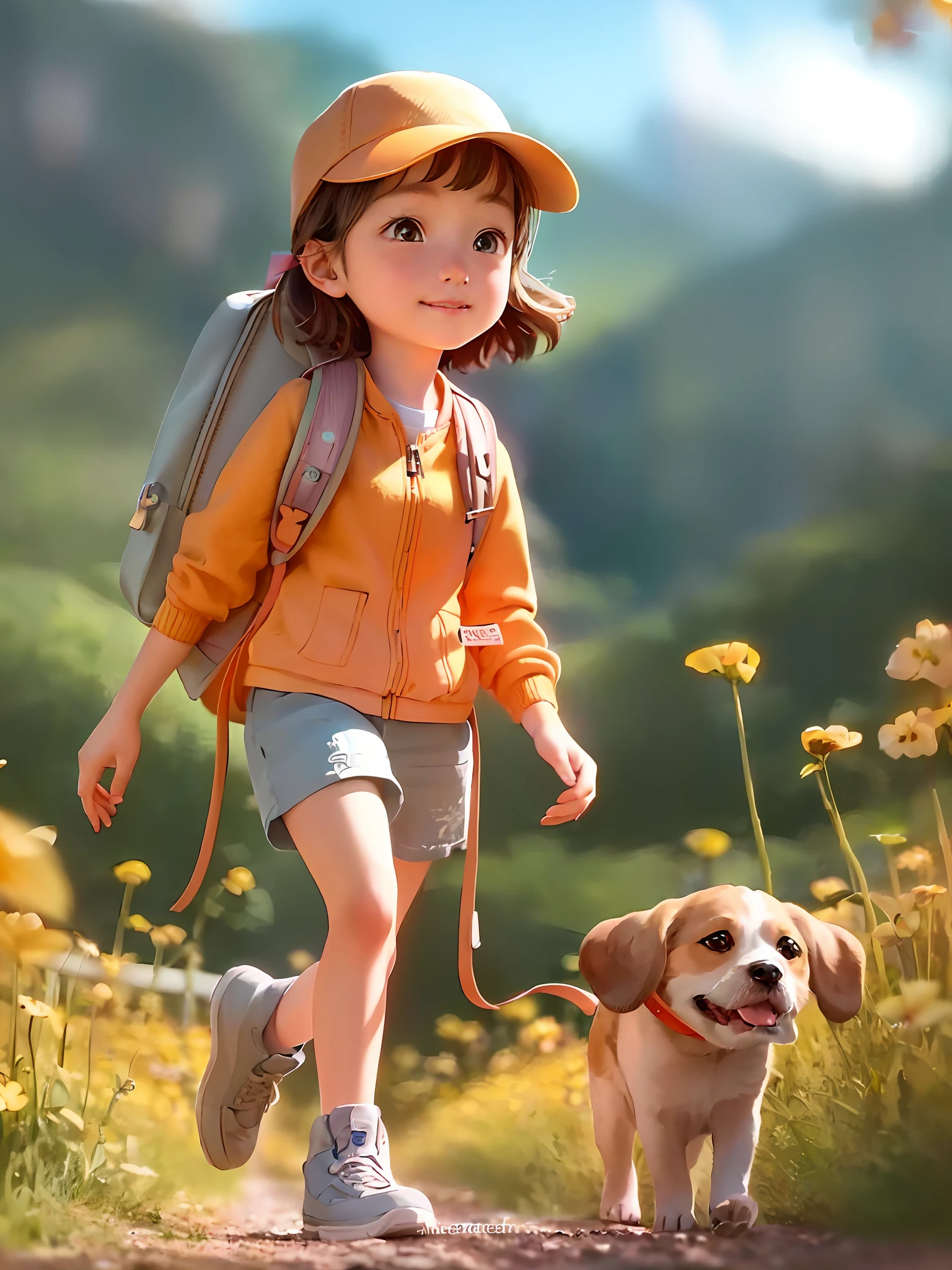 Tip: A very charming little girl with a backpack and her adorable puppy enjoying a lovely spring outing surrounded by beautiful yellow flowers and nature. The illustration is a high-definition illustration in 4K resolution with highly detailed facial features and cartoon-style visuals.