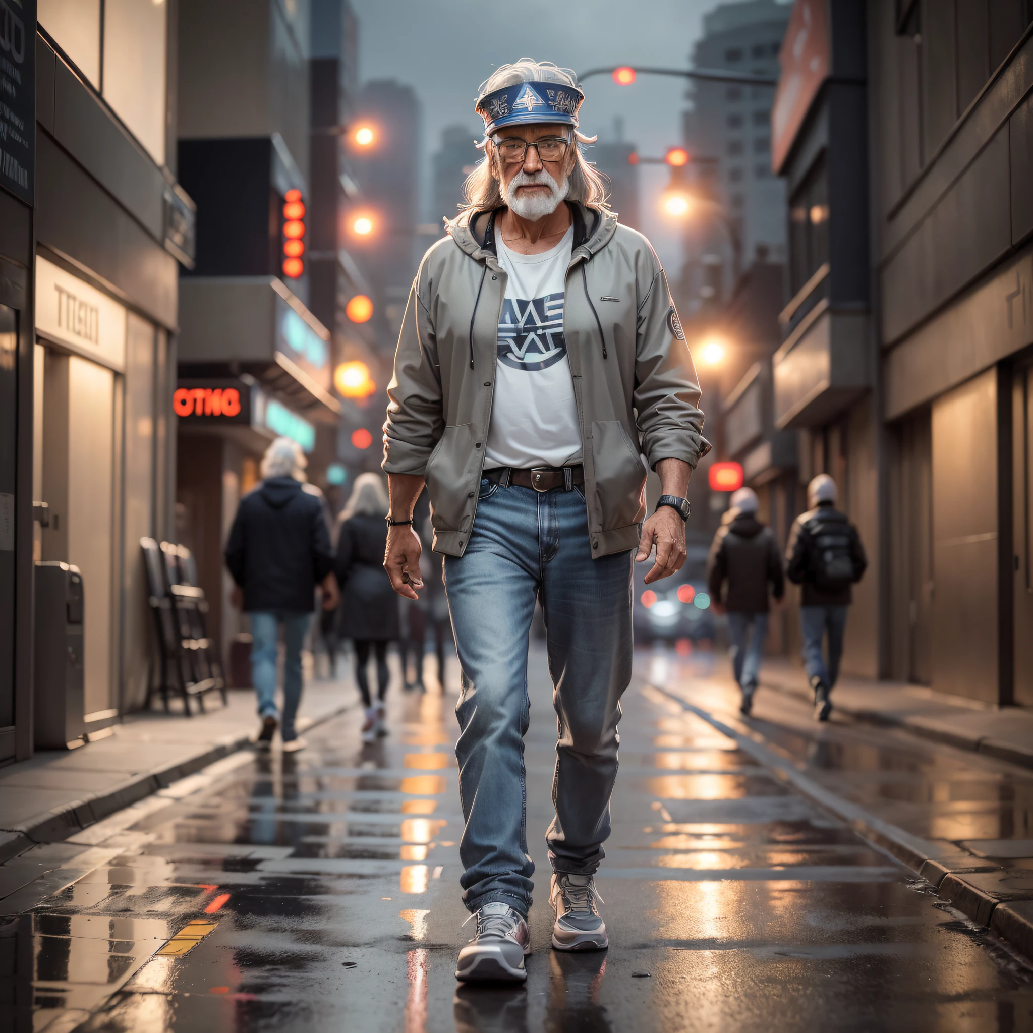 "((Futurism)| (cinematic lighting)), gray hair cap and glasses, jeans and sneakers 60-year-old man, ((hippy)), walking down a futuristic, dimly lit street with some haze, at f/1.8, ultra detailed 16k". Waiting to get started