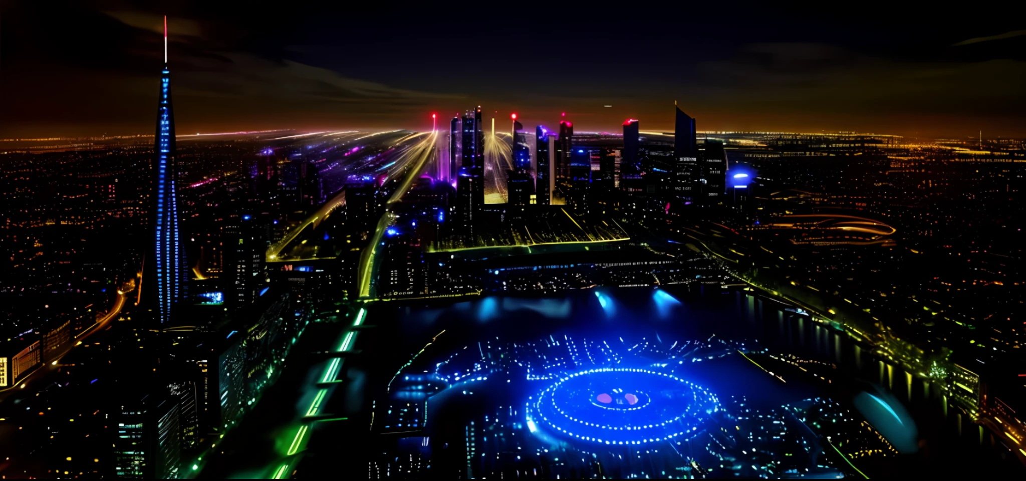 Night view of the city with fountains and buildings as background, night view, Jinan city, night shot, photos taken at night, seen from above, at night, night, glowing lights at night, It's night, Pyongyang, Zenith view, It's night, Night view, Night scenery, fireworks in the sky