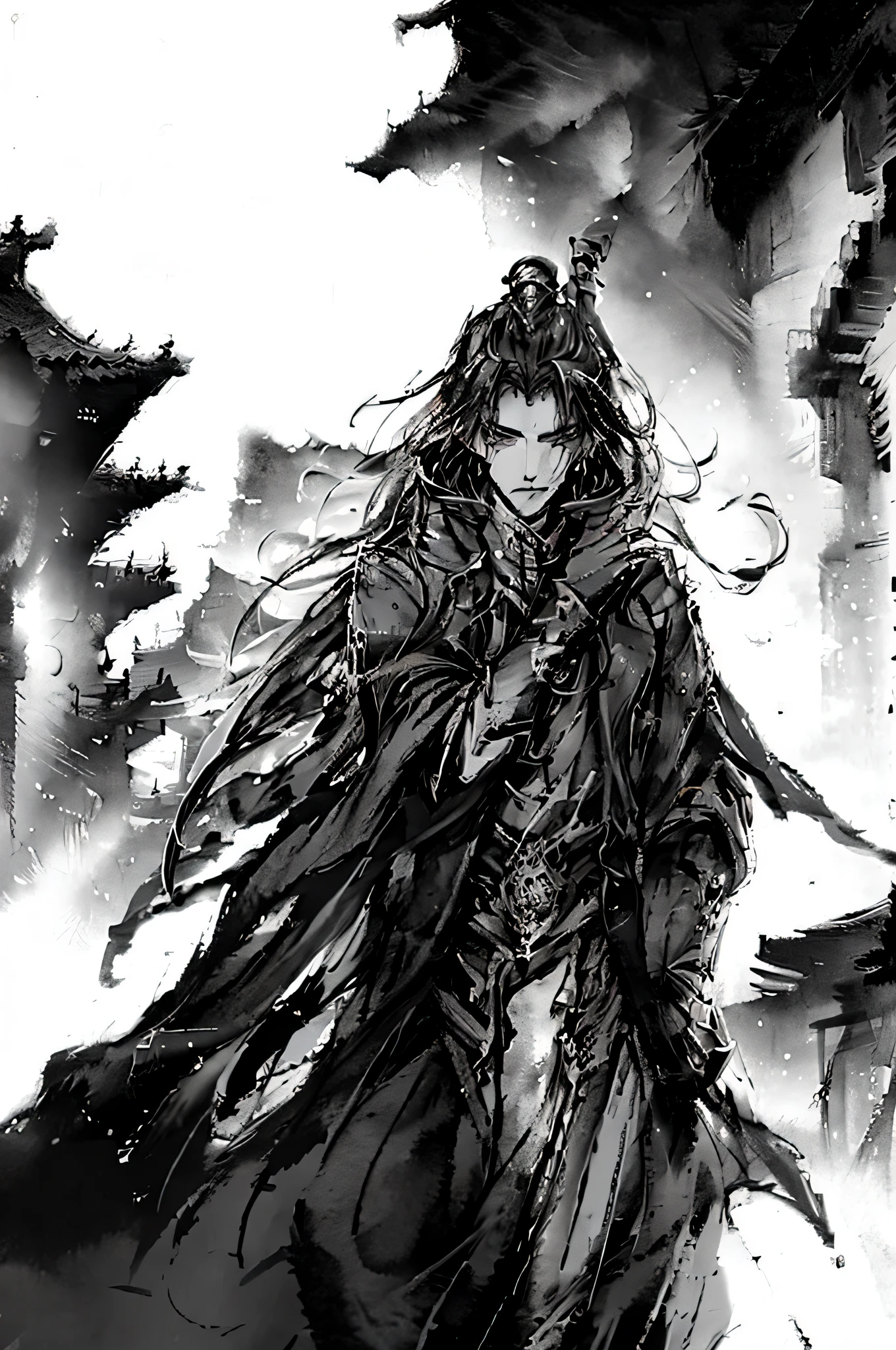 Masterpiece, best quality, masked man, wearing a black overcoat that covers the whole body, mysterious