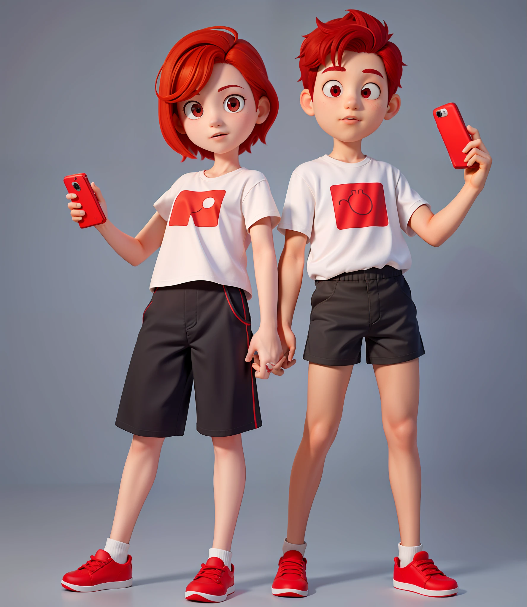 ((masterpiece, best quality)), (complex light), a girl with a boy, girl with a red phone, boy with a black phone, full body, solo, child, sherman, red hair, white shirt, black shorts, simple background