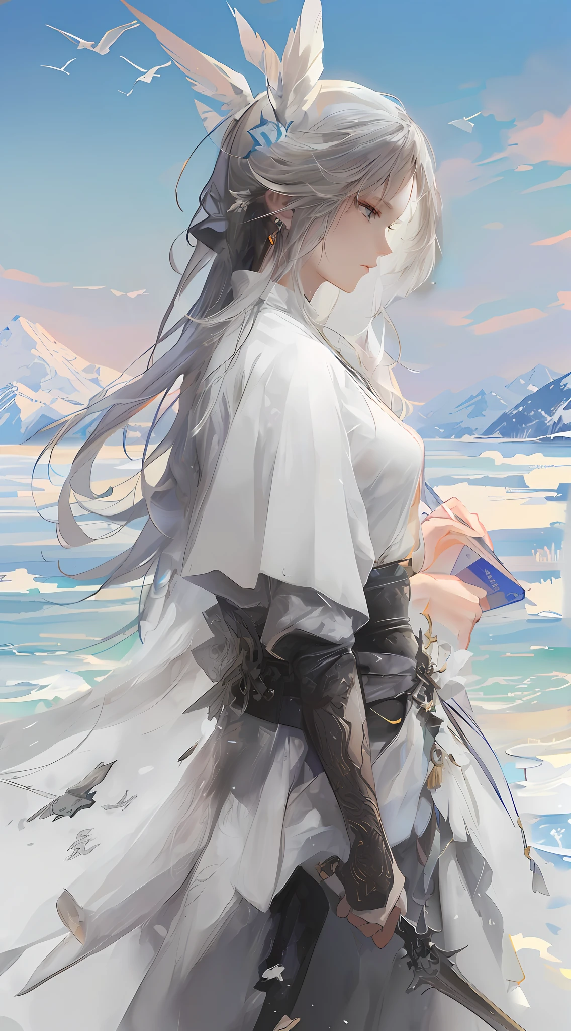 Flying long hair, inky mountains on the background, more details.