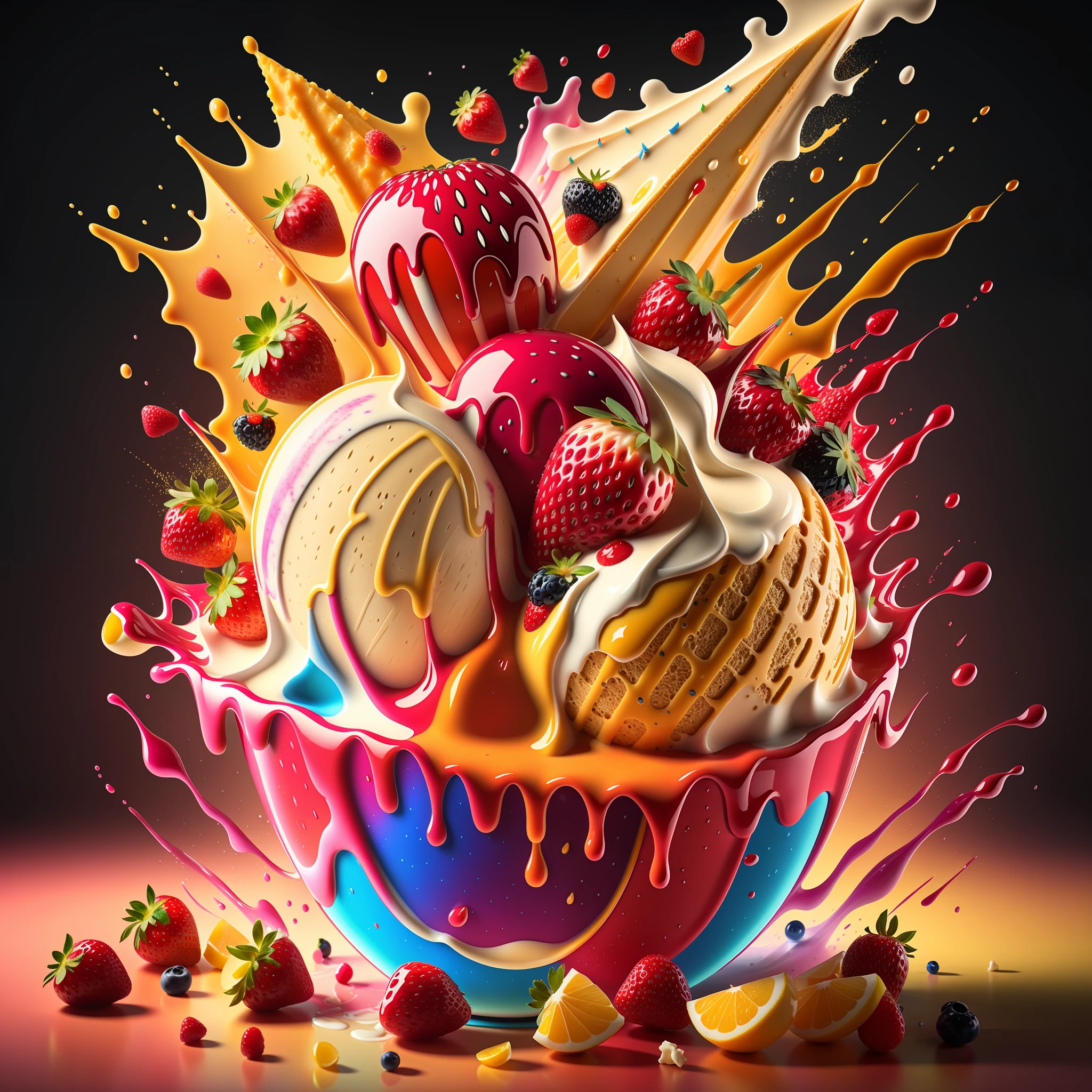 (explosion:0.6) of fruits and vanilla ice-cream, high detail, very realistic, bright environment, strawberry sauce