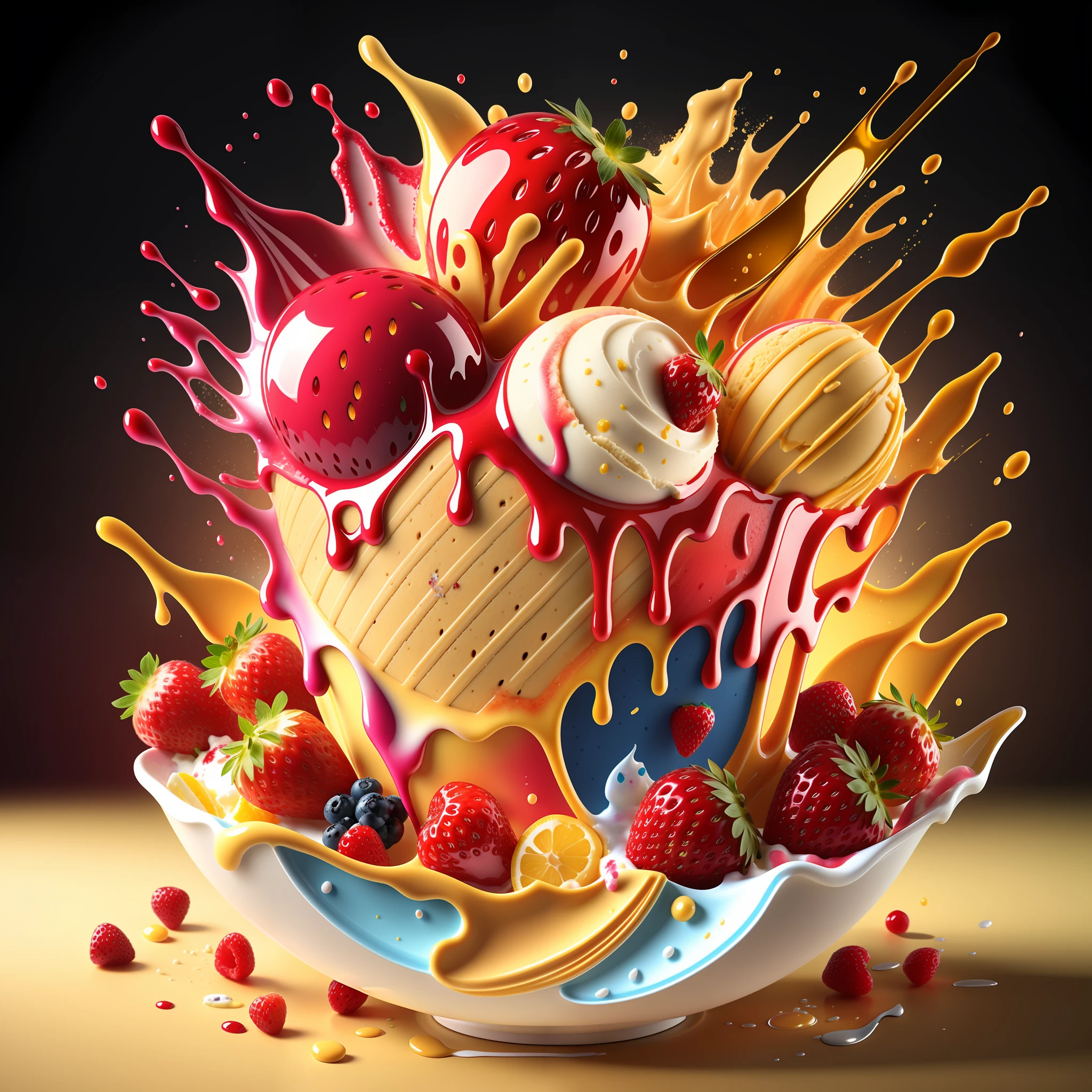 (explosion:0.6) of fruits and vanilla ice-cream, high detail, very realistic, bright environment, strawberry sauce