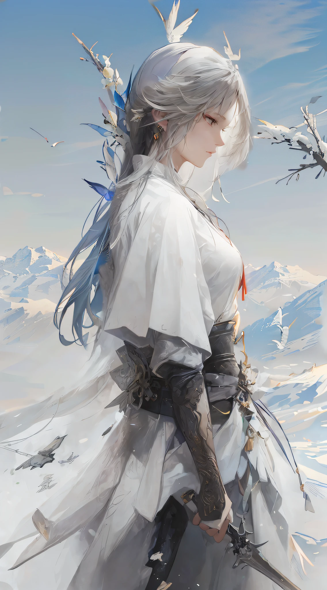 Flying long hair, inky mountains on the background, more details.