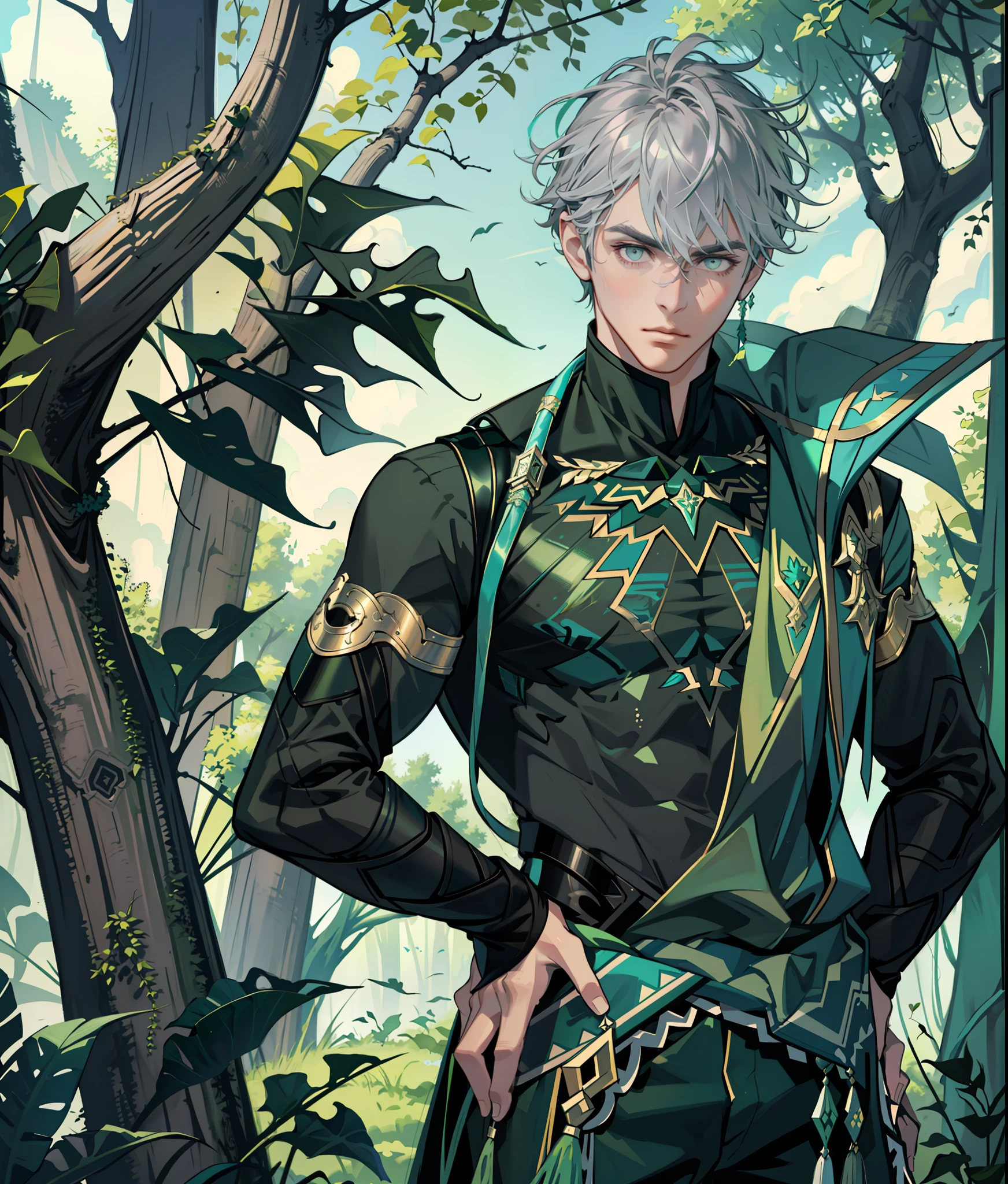 best quality, masterpiece, highres, 1boy,male,solo, mature male, grey hair, teal eyes, green fractal swirls around him, green fractal background, trees, leaf, nature magic