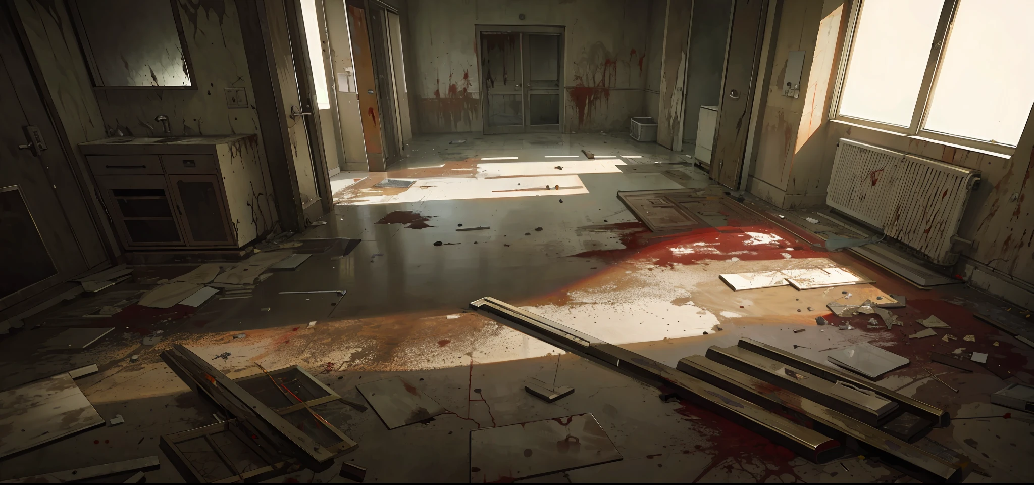 (masterpiece, best quality:1.3), (horror \(theme):1.2), (abandoned hospital, moss, blood splatters, blood stain, indoors), dust cloud, beds, general plan, dynamic angle,wet floor,with leaks,ambient light.