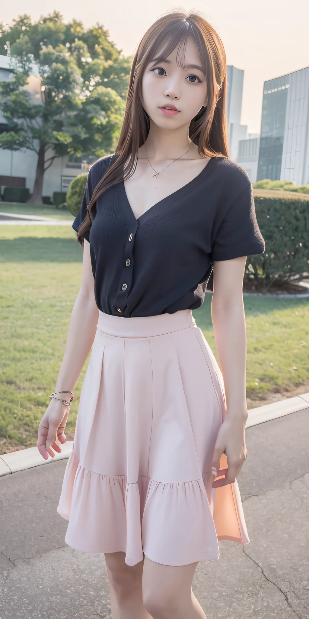 Solo, long_hair, Nanase Nishino, Haruka Kaki, Summer, Long Skirt, (8K, RAW Photography, Best Quality, Masterpiece:1.2), (Realistic, Photorealistic:1.37), Professional Lighting, Photon Mapping, Radiosity, Physically Based Rendering