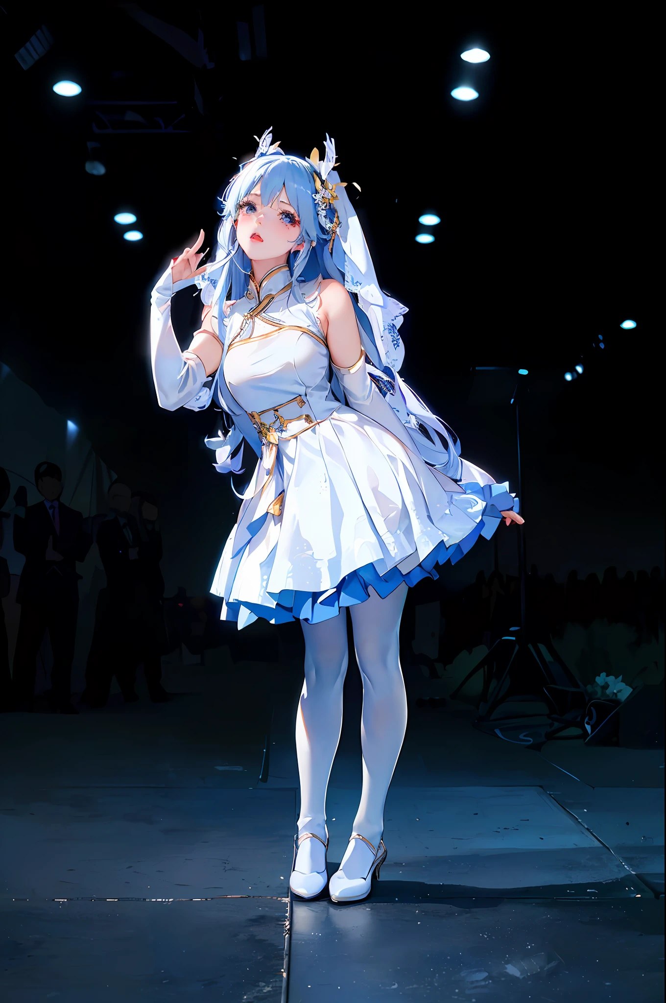 Wearing white dress and white shoes on stage, anime girl cosplay, anime cosplay, cosplay, cosplay photo, cosplay, Keqing cosplay, elegant charm cosplay, professional cosplay, full roleplay, Keqing cosplay, publicity cosplay, Yumura Kasumi style 3/4, charismatic cosplay, gorgeous cosplay
