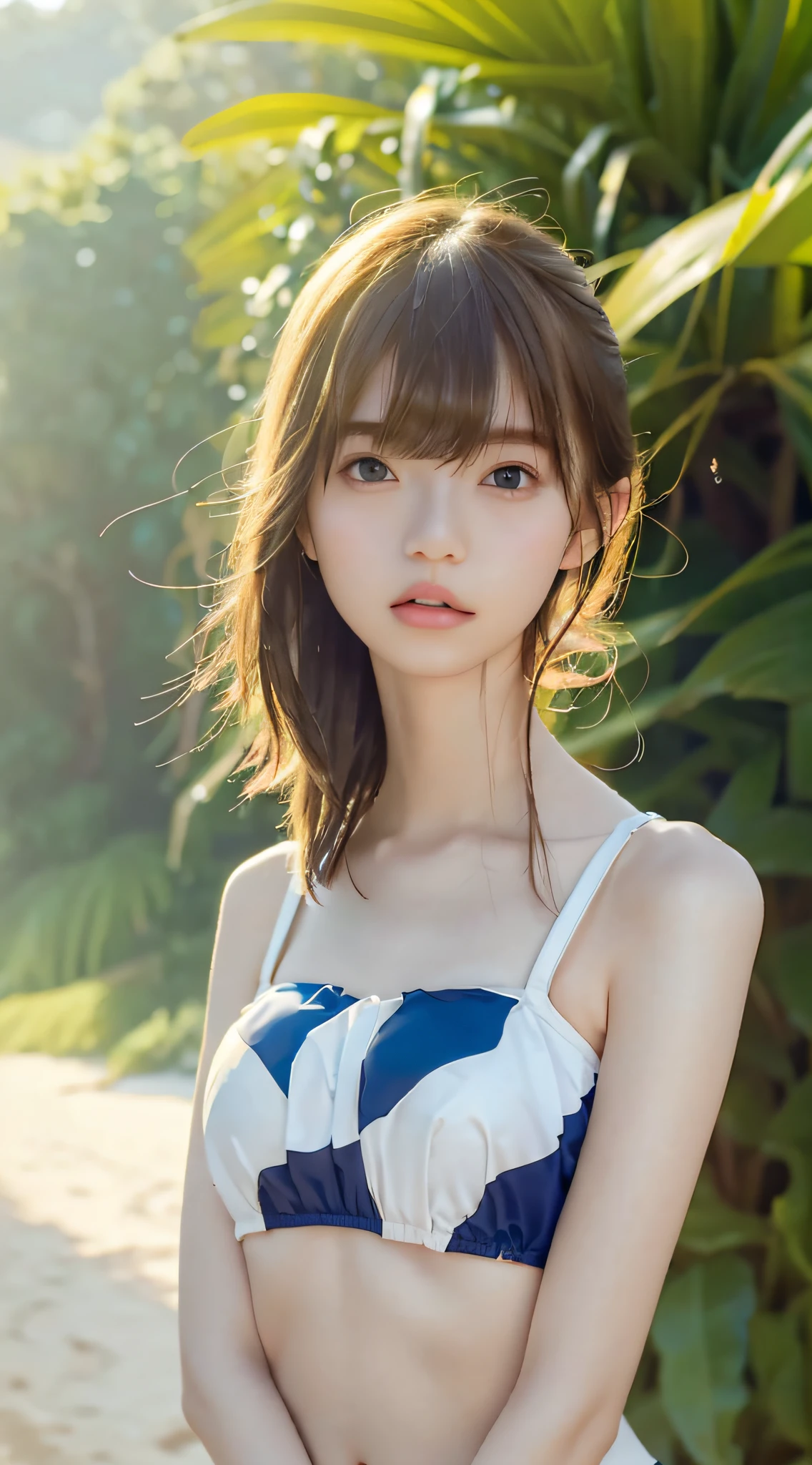 (Best Quality, 8k, 32k, Masterpiece, UHD: 1.2), (Best Quality, Masterpiece: 1.2), Cute Japan Female Pictures, 1 Girl, 16 Years Old Beautiful Japan Girl, ((Tube Top Bikini: 8.5)), (Full Body Photo), Full Body Portrait, Very Delicate Body, Small Breasts, ((Thin Waist: 5.5)), (Slender Abs: 3.5), (Small), ( 160 cm female), (abs), (lips), (medium short golden hair), double eyelids, wet skin, realistic rays, beach, full body portrait, hair fluttering in the wind, bangs,