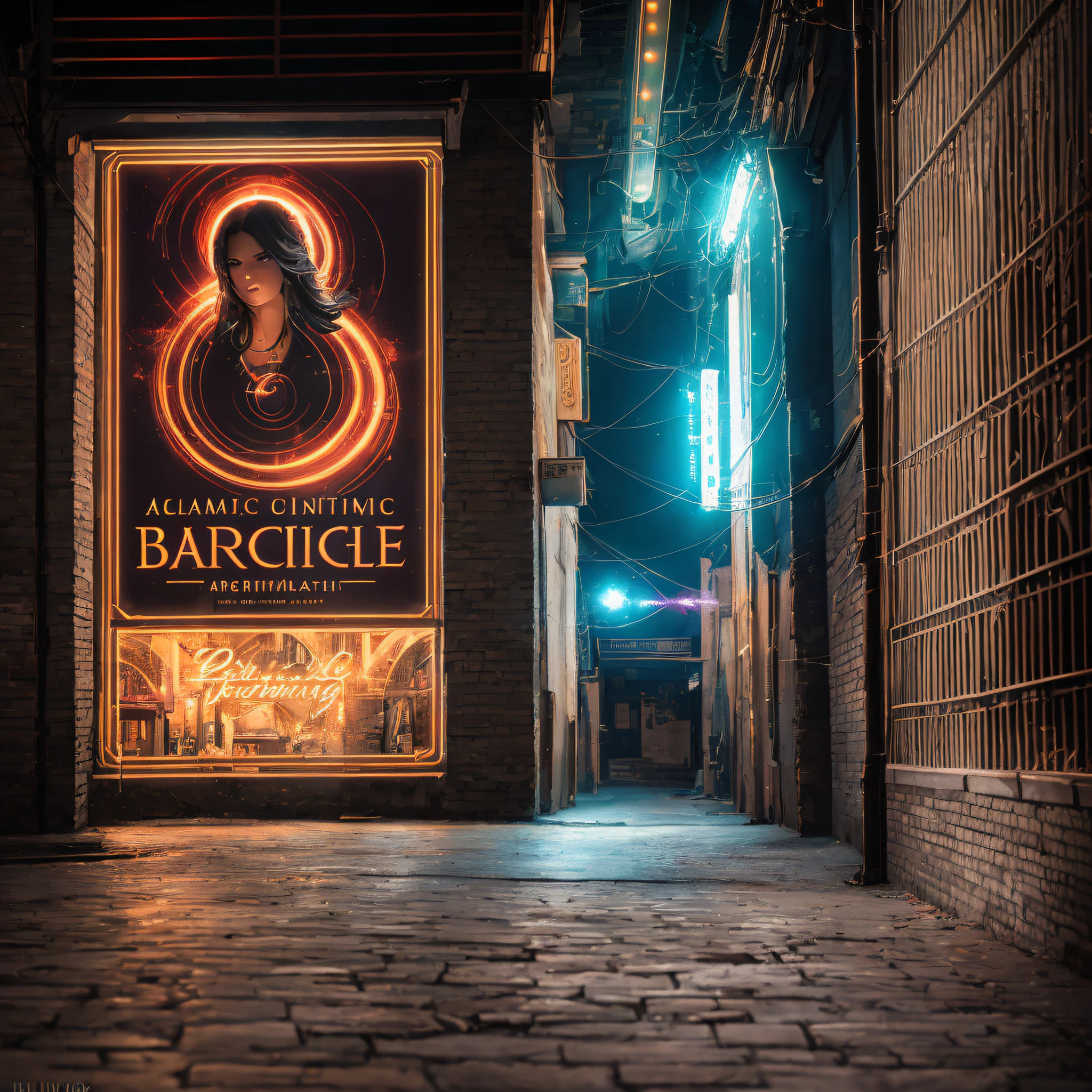 ((cinematic lighting)), a poster of a barantique in a dark alley, with futuristic touches and haze, at f/1.8, ultra detailed in 16K" --auto --s2