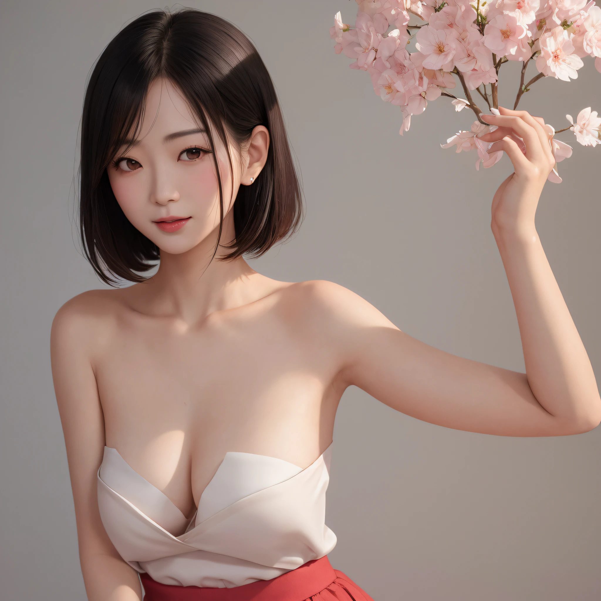 A sexy and charming Japanese woman, elegant and intellectual, confident and generous, exquisite and beautiful face, exquisite collarbone, charming fragrant shoulders, low-cut pink wrap skirt without suspenders, full body photo, body facing the front, beautiful and exquisite pretty face, peach Red lips, fragrant shoulders slightly exposed, breasts looming, focus on the face, seductive and delicate collarbone, ultra-high resolution, tender and smooth skin, very realistic details, simple background, Bright Background, ultra-high-definition, outstanding details, 8K, blushing face, Attractive collarbone, sexy shoulders,solo,bob hair, short hair,smile,
