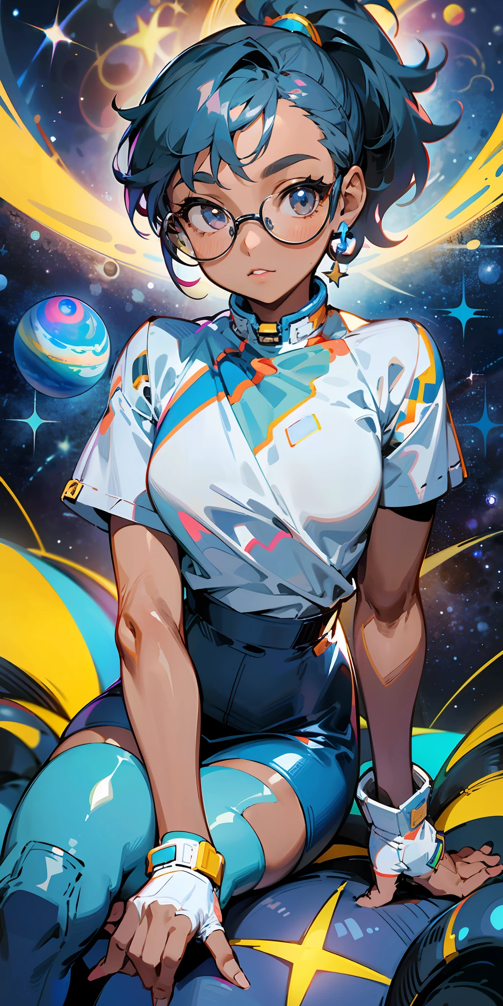 1girl dark skin, small breasts, wears thick-framed glasses that highlight her facial features, with short hair, ponytail and gray, silver shirt, Underneath the shirt she wears another tight shirt, with details in vibrant colors reminiscent of the stars and planets of outer space, and a blue skirt high-top boots with non-slip soles,