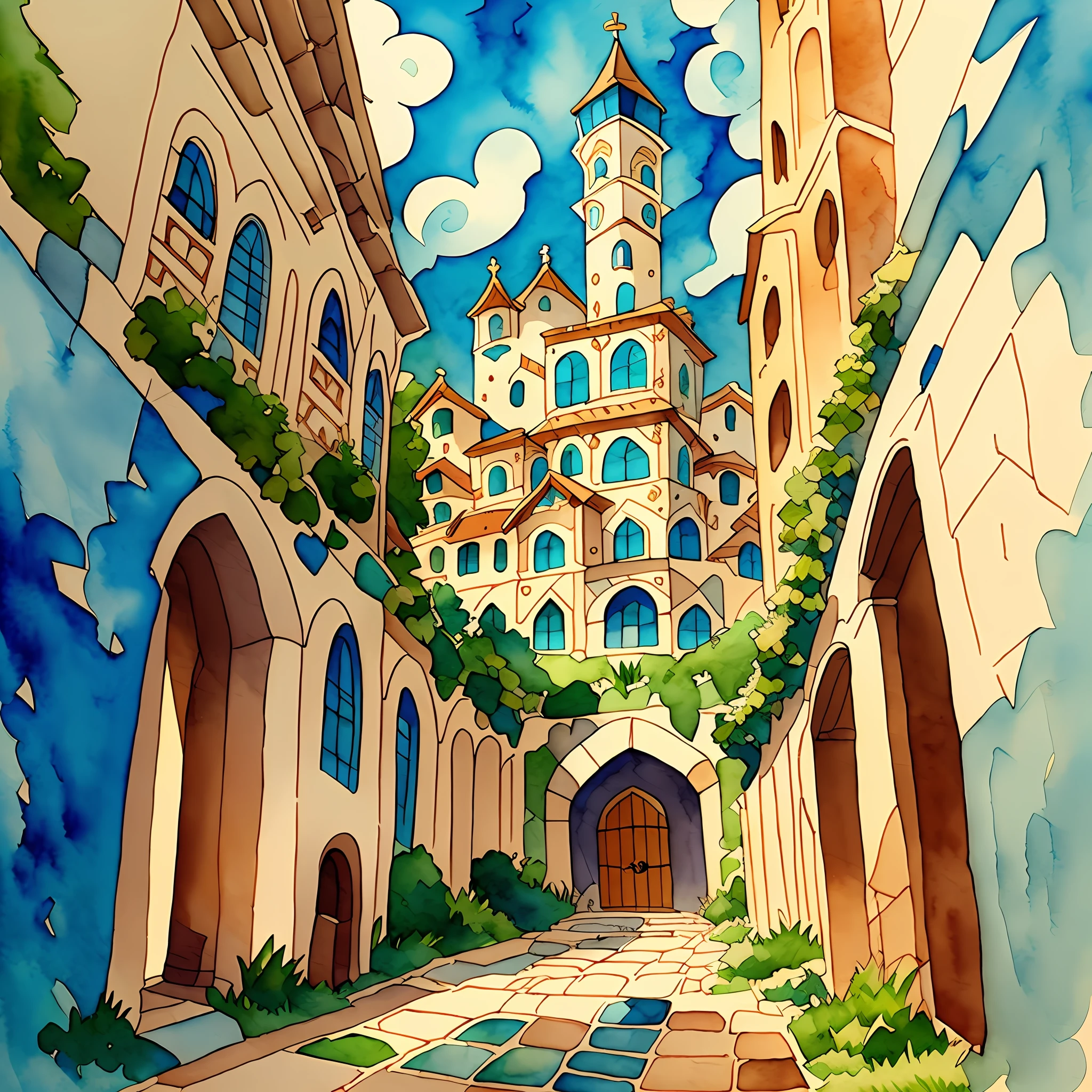 crie uma torre Tradicional pattern, medieval traditional pattern made by ghibli, makoto shinkai, in watercolor gouache detailed painting, in style of aenami, seamless, 2 d, tileable, substance designer, procedural, glyph, ivy, maioliche, sicilian, italian, simmetry --auto --s2