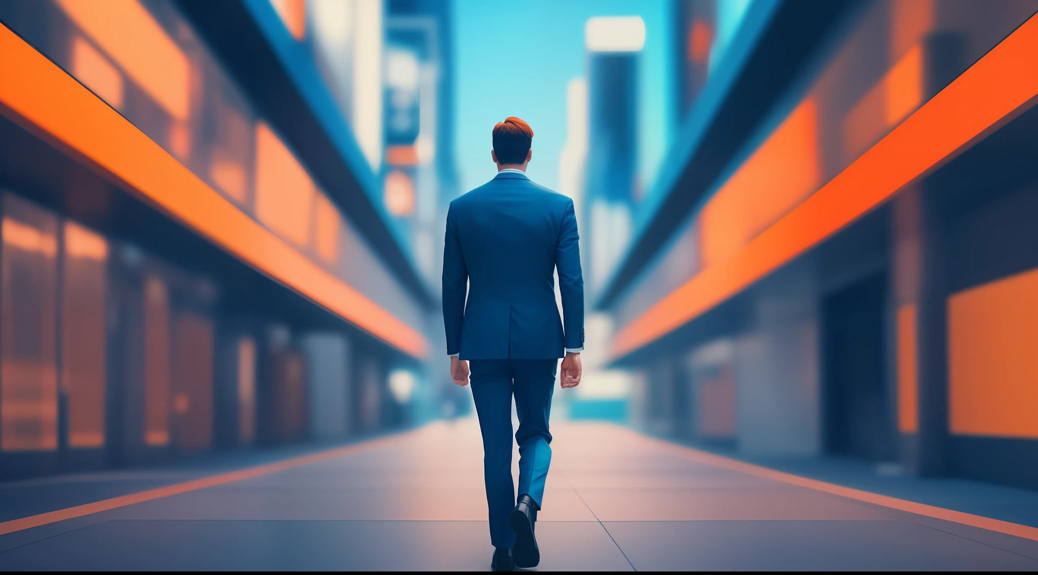 Businessman walking orange and light blue background cinematic blur