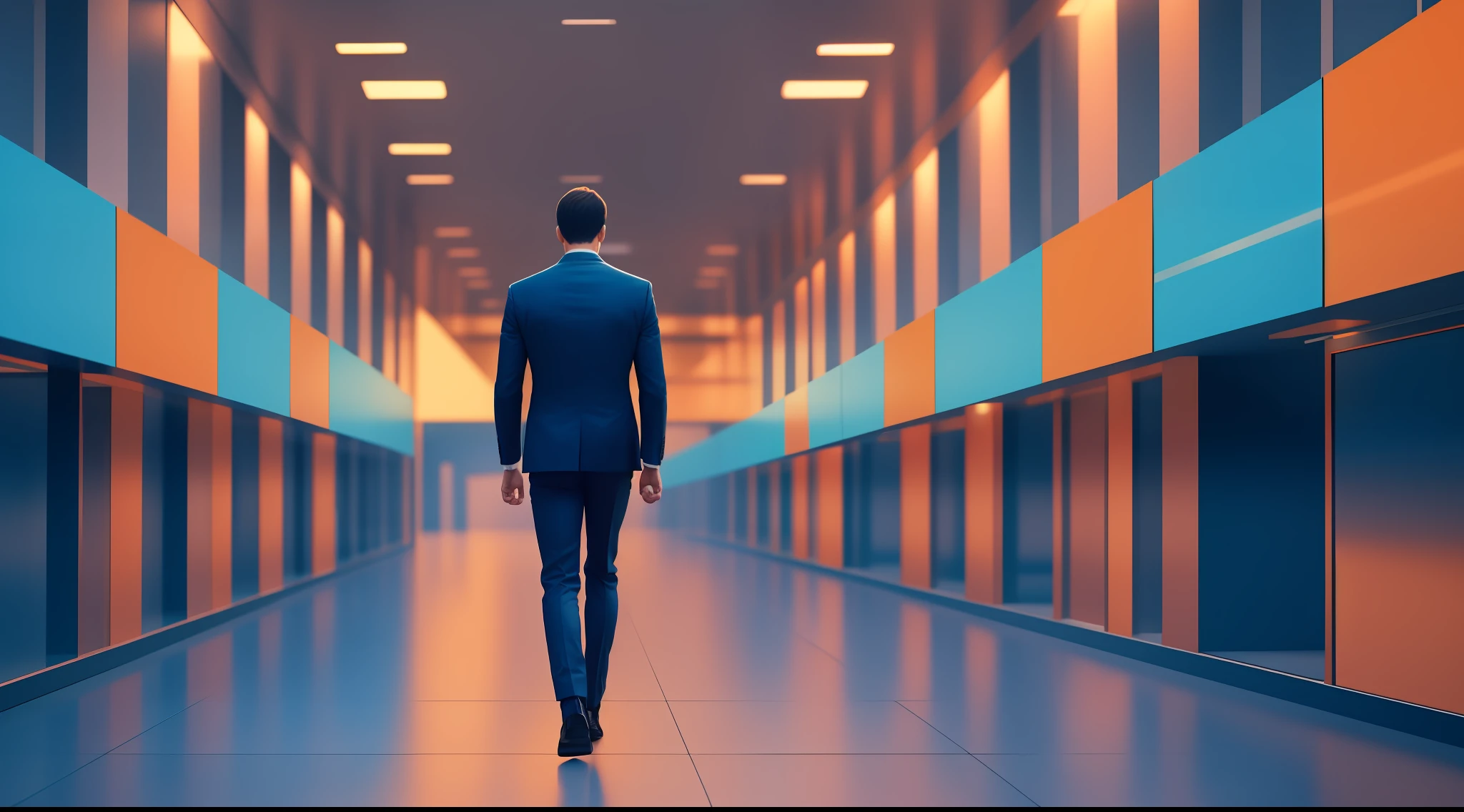Businessman walking orange and light blue background cinematic blur