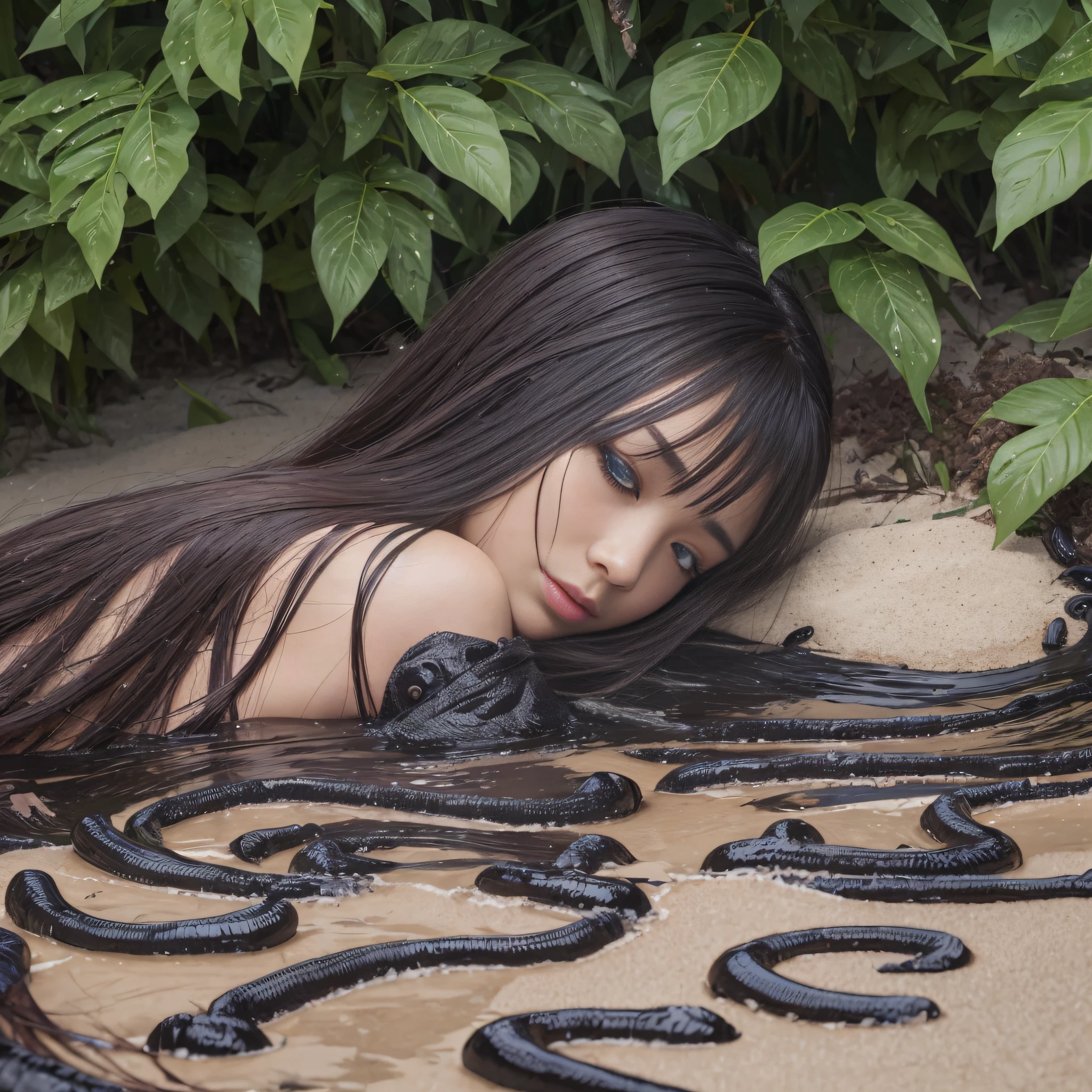 Head of woman with white eyes buried on the beach covered in black leeches. ultra realistic blood by body --auto --s2