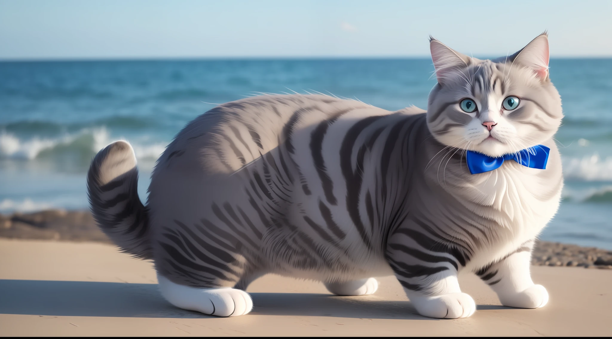 chubby and cute cat by the sea, day, beautiful, super detailed, realistic, 4K, gray coat, British breed, with a bow around the neck, in dynamics, in a jump,