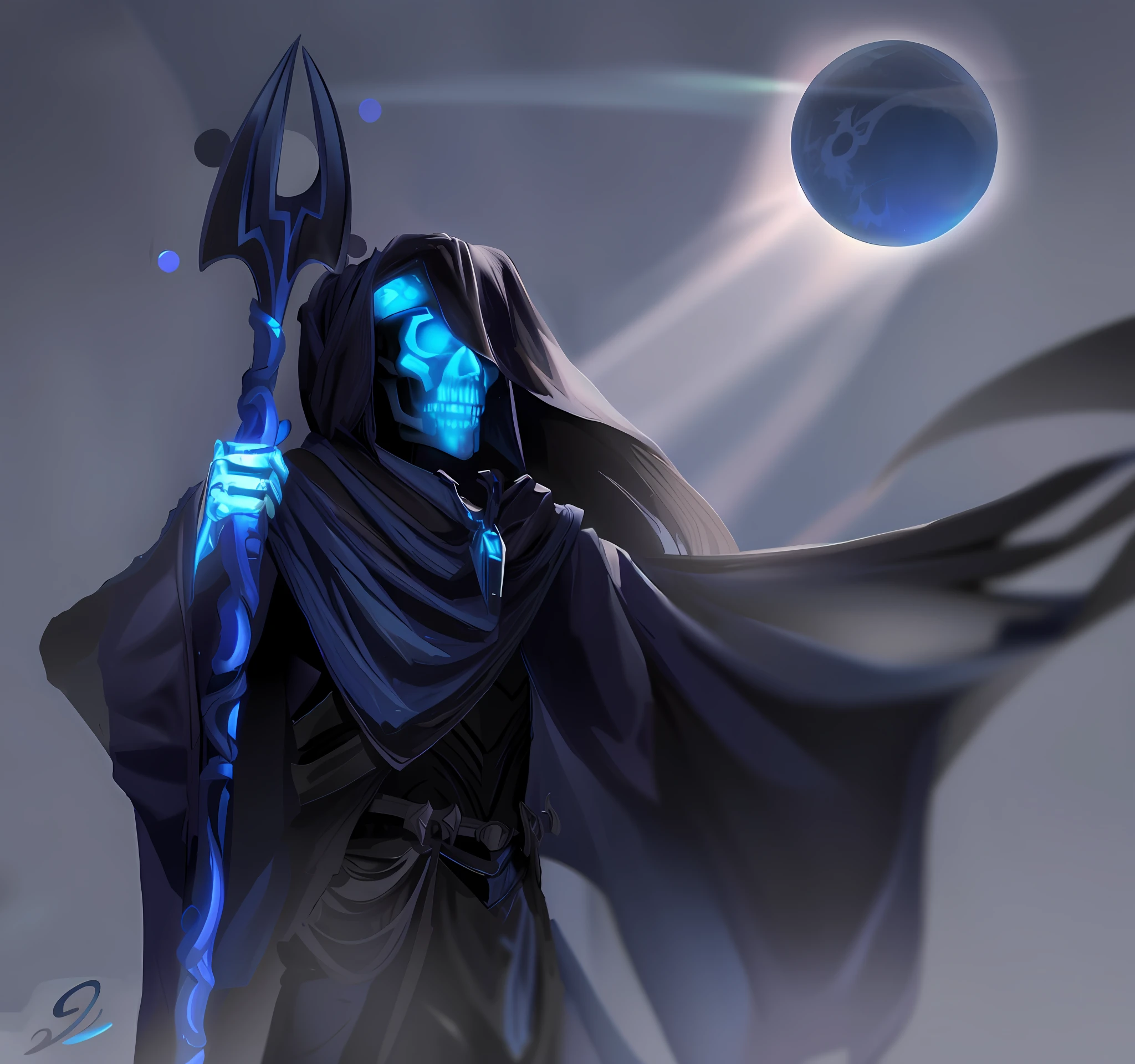 Skeleton drawing with blue sickle, blue robes, night background, night reaper! Camouflaged necromancer, d & d lich