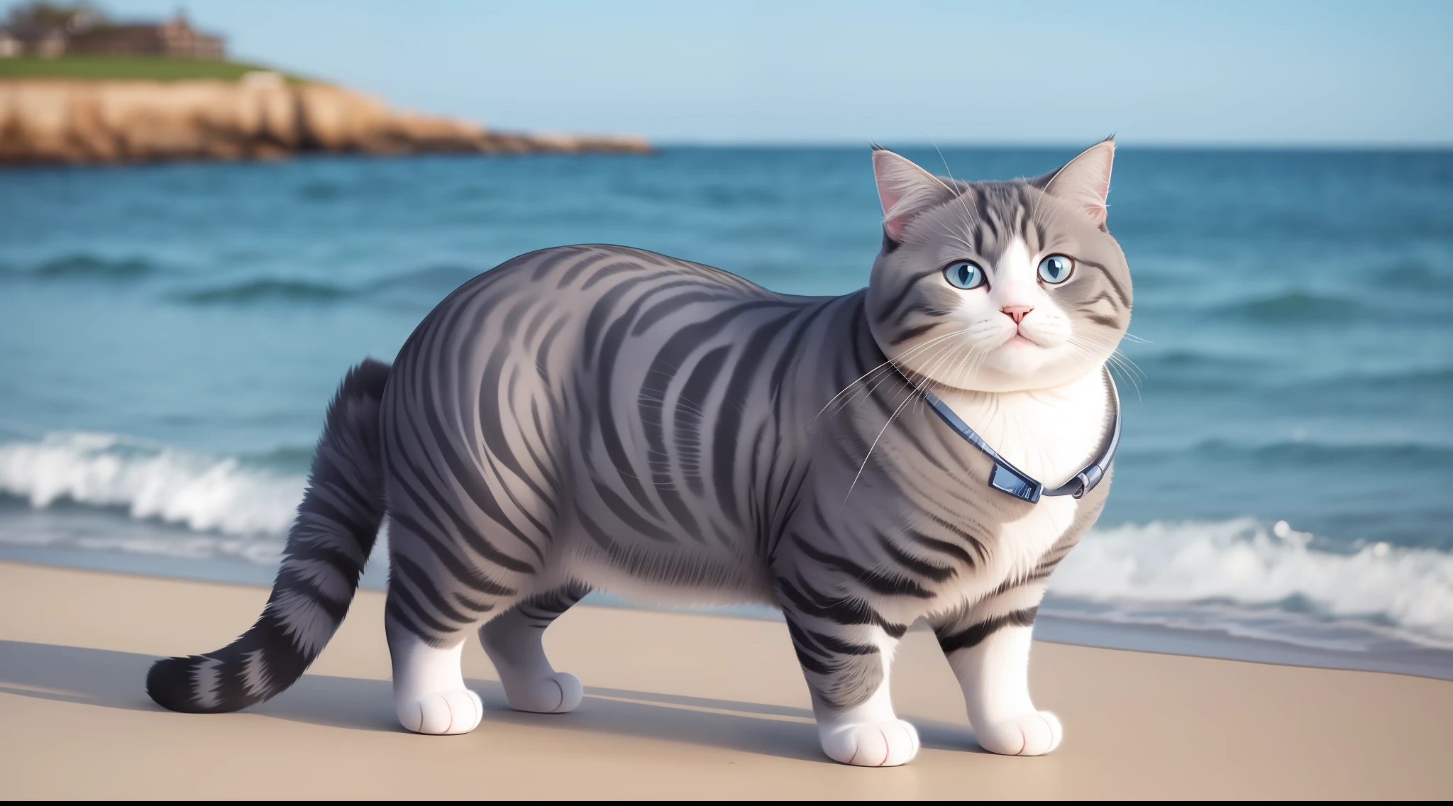 chubby and cute cat by the sea, day, beautiful, super detailed, realistic, 4K, gray coat, British breed, with a bow around the neck, in dynamics, in a jump,