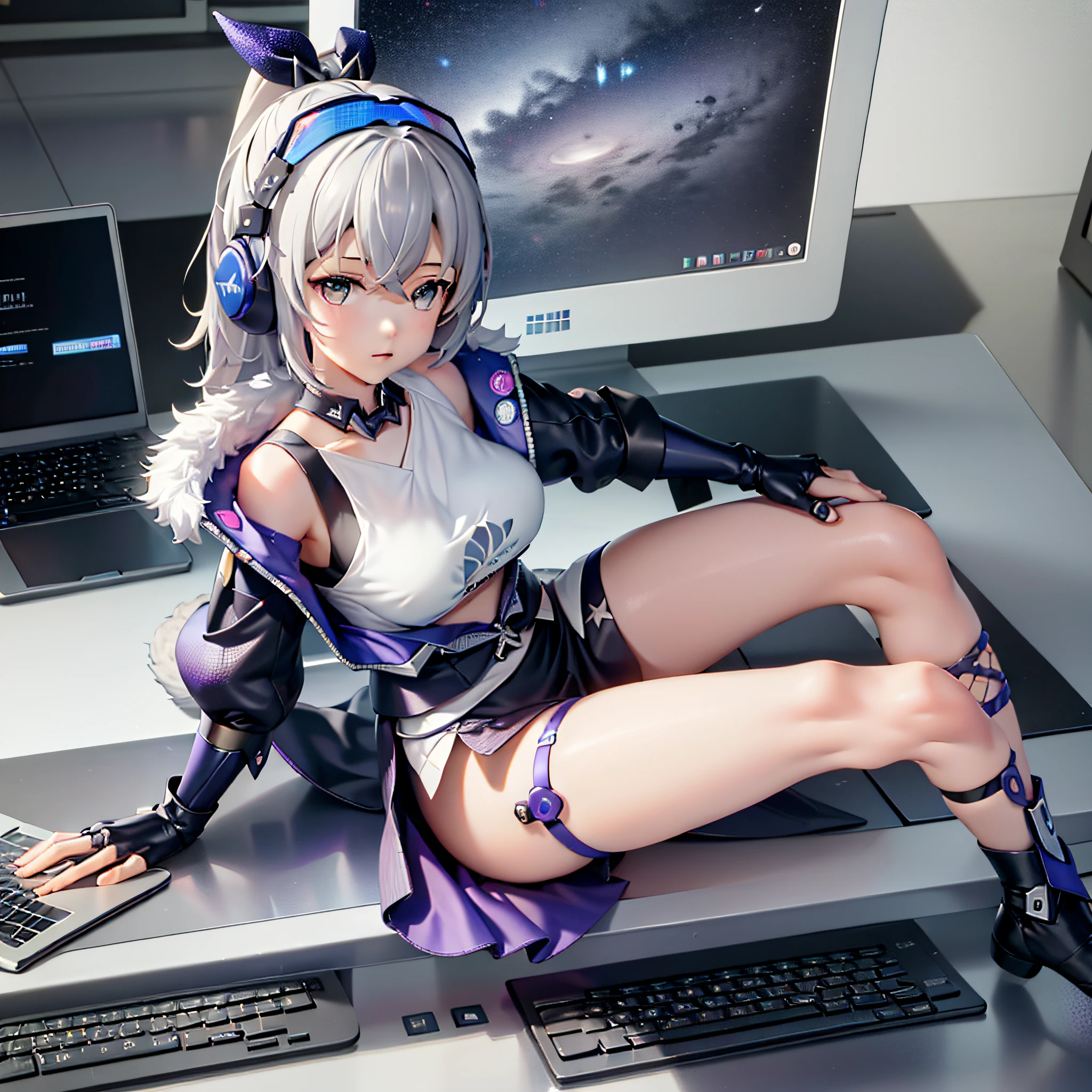 (using a laptop), (((in a server room)))), 1girl, Silver Wolf Honaki Star Rail, sitting in a chair, highly detailed, trending on artstation, listening to music, headphones, programming, intricate