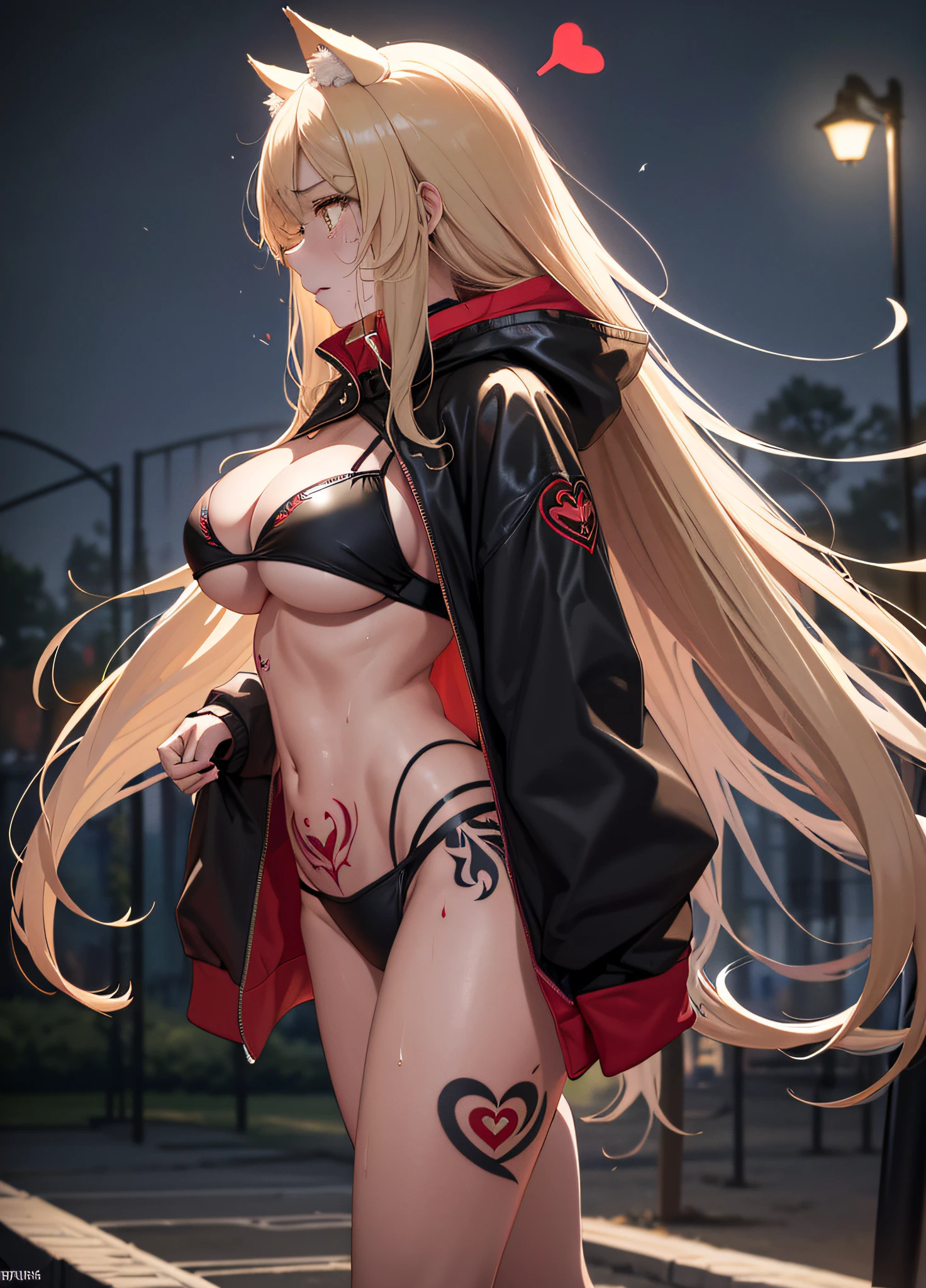 Masterpiece, Top Quality, Alone, (Young Woman), Solo, Blonde Long Straight Hair, Big, Thighs, Dog Ears, (Golden Eyes), Red Collar, Long White Hoodie to the Knees with Her Breasts Fluttering (Tattered Clothes)), Black Bra, Black Pants, Fluffy Tail, Black Fishnet Stockings, (((Tattoo of a red and very large heart under the navel))), (Crying))))), ( ( The body is dirty)), (very sweaty), the whole body is wet (((depressed)), (trembling), walking, ((((midnight park)))), (full body figure), (((profile))