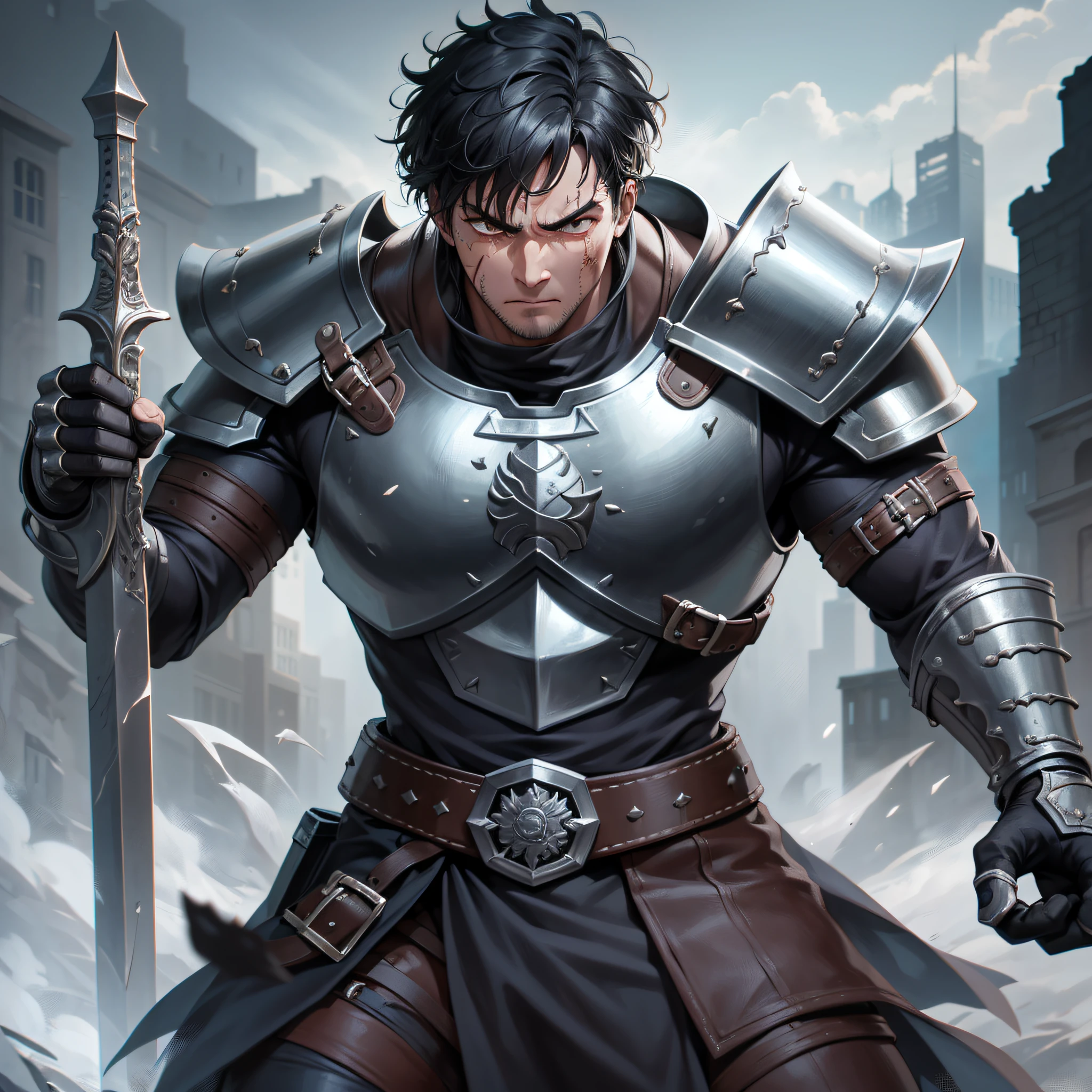 Draw Guts realistically, portraying his essence as a fearless and lonely warrior. He possesses a robust and muscular appearance, the result of years of intense training and arduous battles. His face is marked by deep scars, witnesses to the struggles he faced, and his expression is serious and taciturn. Her dark hair is short and unkempt, shaping her face in a rustic manner. His eyes are intense and piercing, reflecting the fierce determination that drives him. Guts wears heavy, worn armor, with details that show the wear and tear of battles and the weight he carries. He wields his iconic sword, the Dragon Slayer, an imposing and massive blade that requires superhuman strength to wield. In his expression and posture, there are years of experience, pain and an unwavering determination. In the background, you can add elements that represent the dark and brutal universe of Berserk, such as wreckage, ruins, or a dark, hostile environment, emphasizing the environment in which Guts is immersed