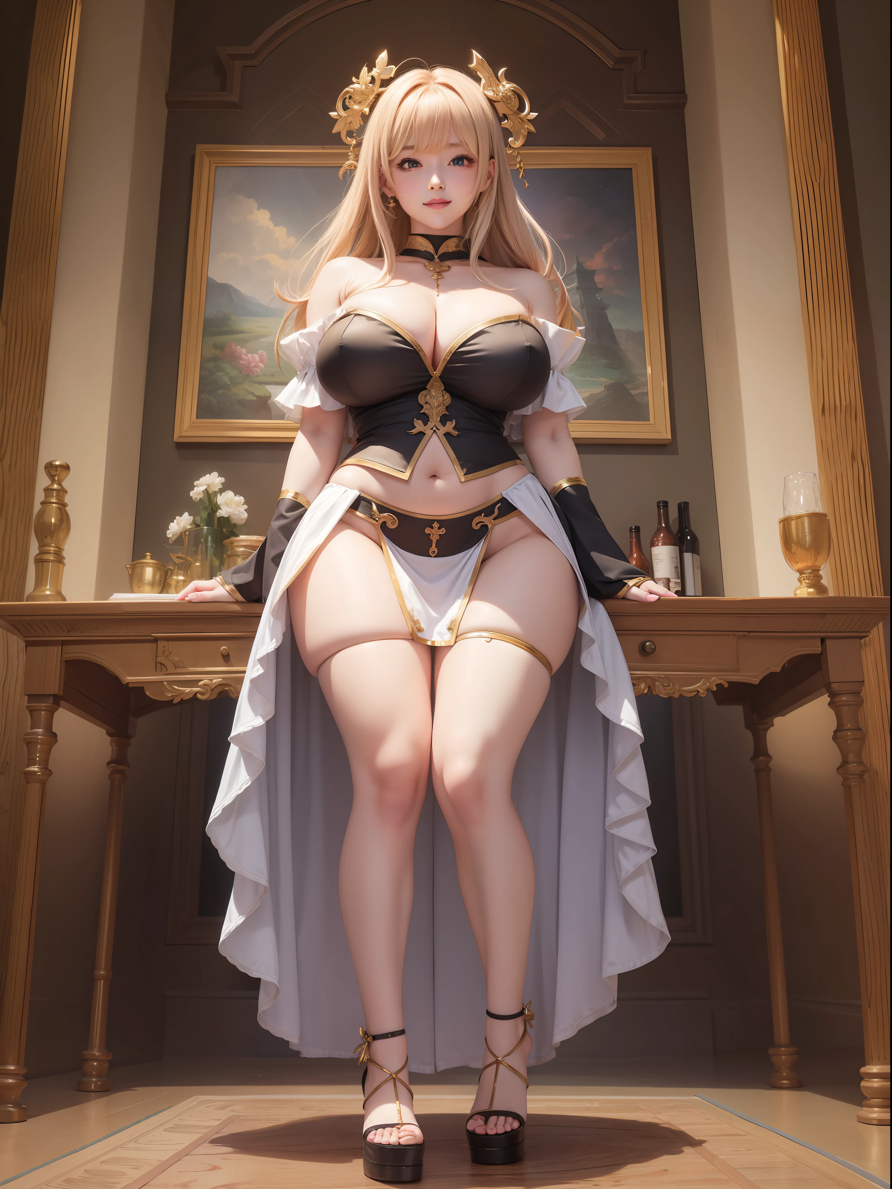 beautiful hair anime girls, art stations, cute anime girls, full body, smile, (big), navel, thin waist, (big hips), thighs, from below, cleavage, bottom, shoulder cut light dress, big, big breasts, flabby breasts, dress, Expose hips, expose navel, expose shoulders