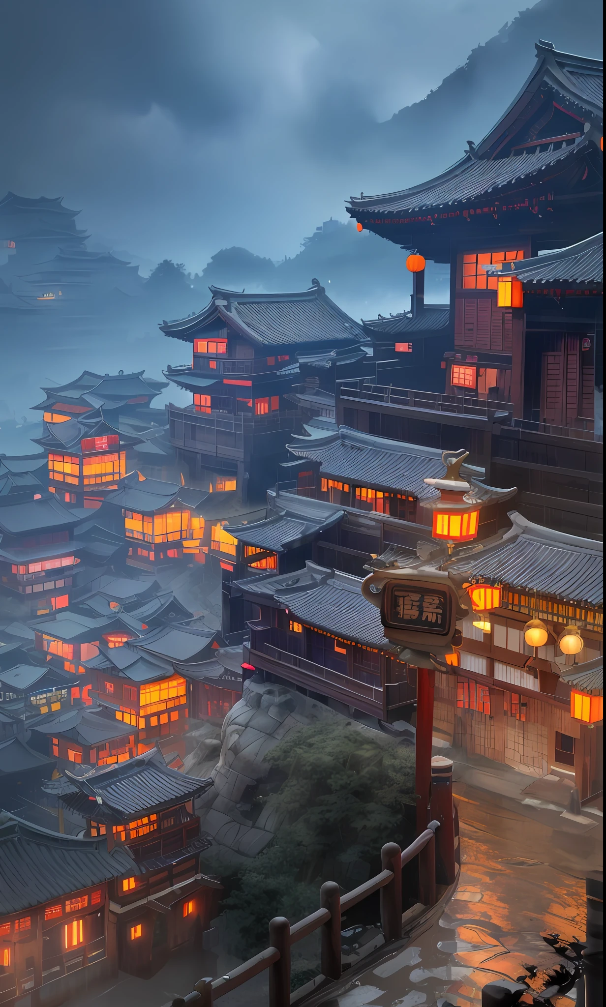 arafed view of a village with a lot of lights on the buildings, dreamy chinese town, chinese village, amazing wallpaper, japanese town, japanese village, hyper realistic photo of a town, old asian village, japanese city, by Raymond Han, rainy evening, cyberpunk chinese ancient castle, beautifully lit buildings, at evening during rain, beautiful and aesthetic, photography, cinematic, 8k, high detailed ((Heavy rain)))