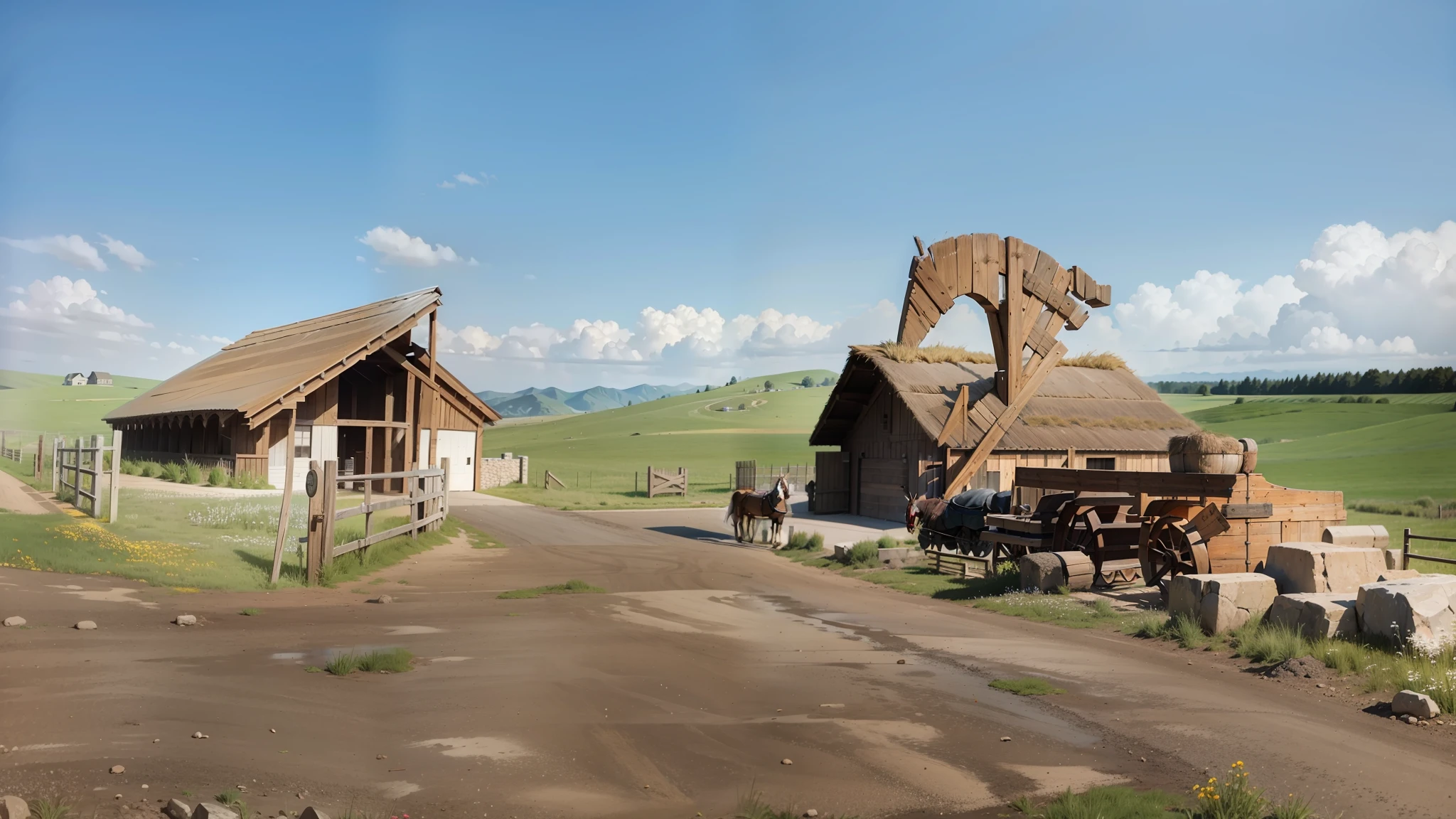 Documentary photography, hyper-real, prairie stables, entrance area, added ornament detail, full of details