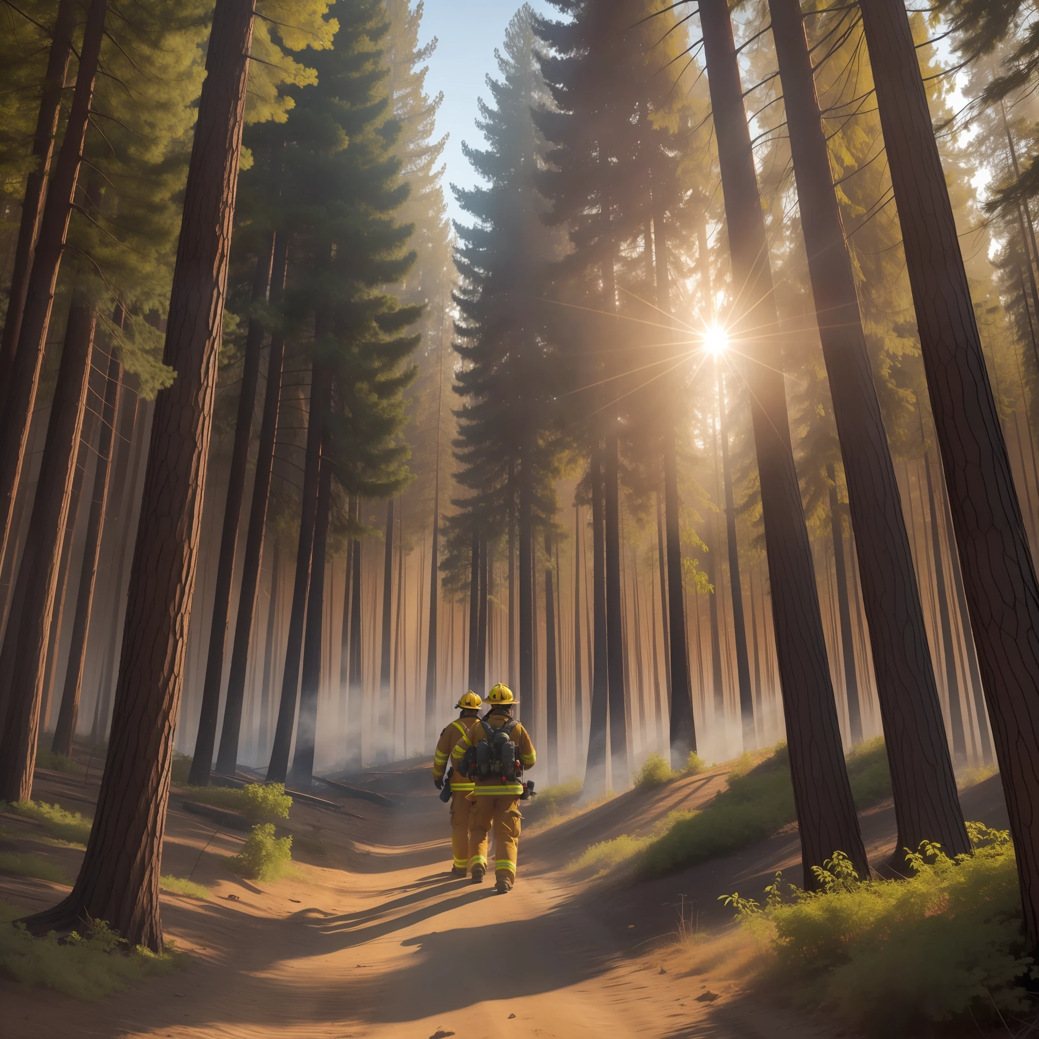 Firefighters, Forest, intense fire, dark, heat, sun, despair