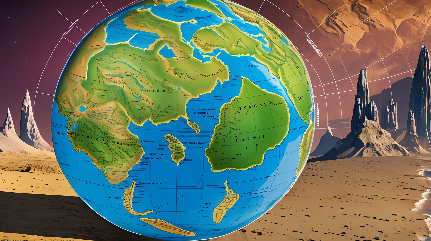 Political physical planisphere of a fictional planet with details of places, oceans, mountains, scale, size 4 times Earth