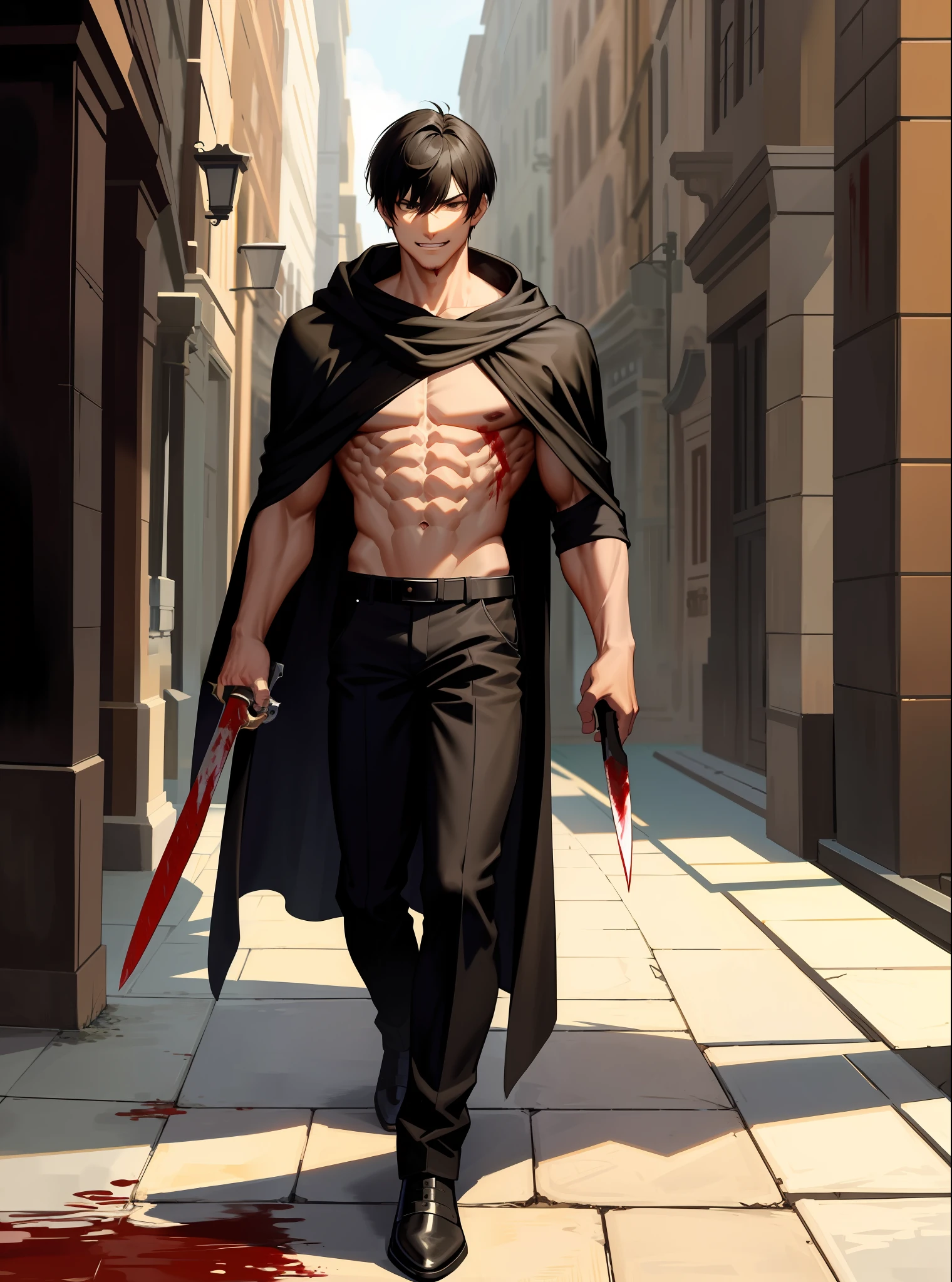 masterpiece, night, 1boy, boyfriend, black hair, short hair, black eyes, smirk, knife in hand, blood, cloak, musculature, body scars, pants, walking